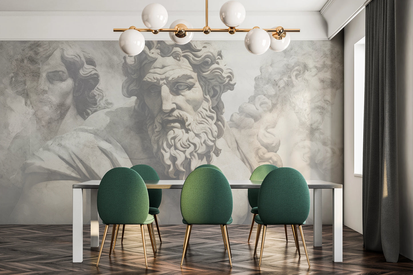 Wzór fototapety malowanej o nazwie Zeus's Contemplation pokazanej w aranżacji wnętrza.