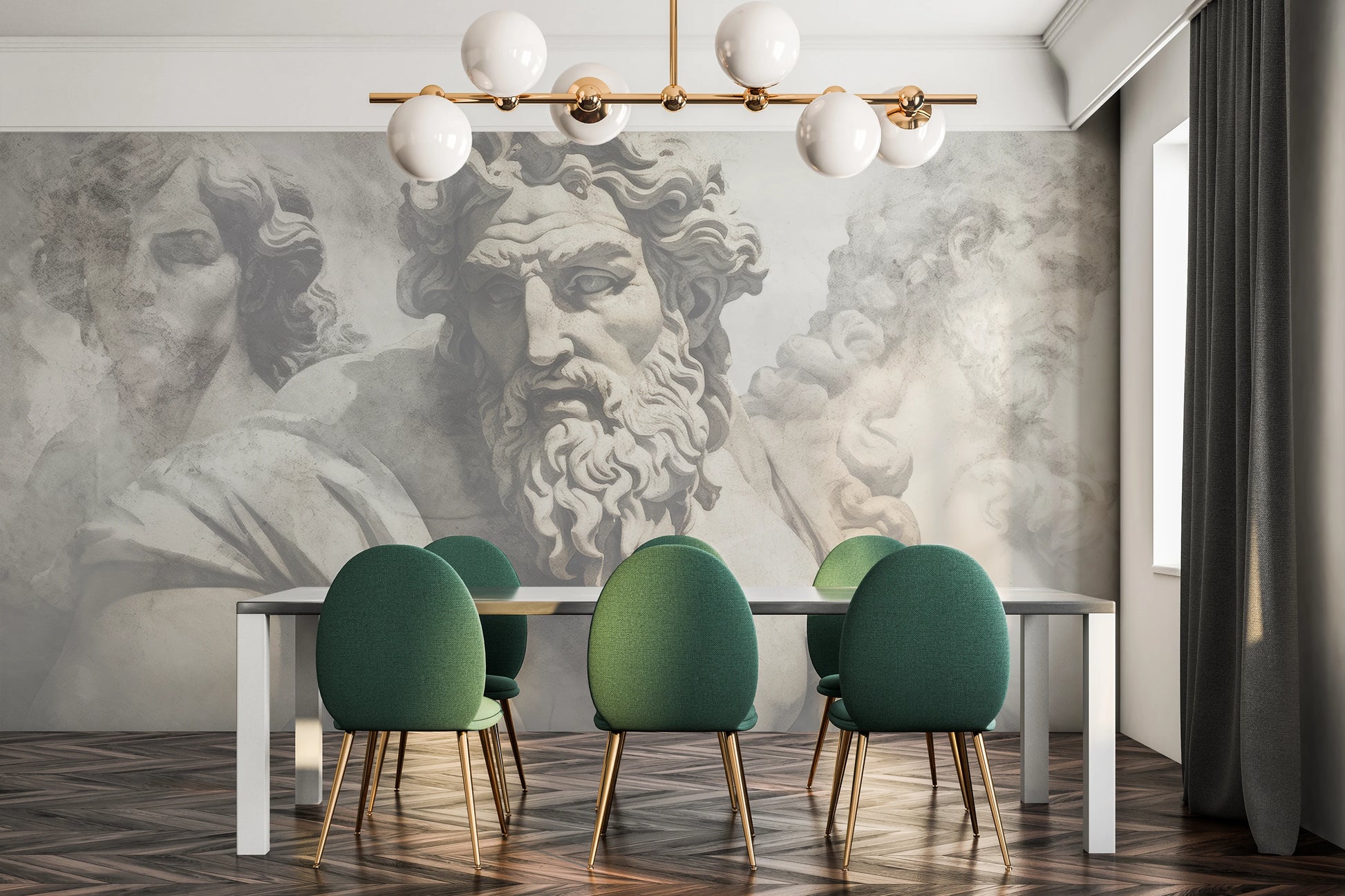 Wzór fototapety malowanej o nazwie Zeus's Contemplation pokazanej w aranżacji wnętrza.