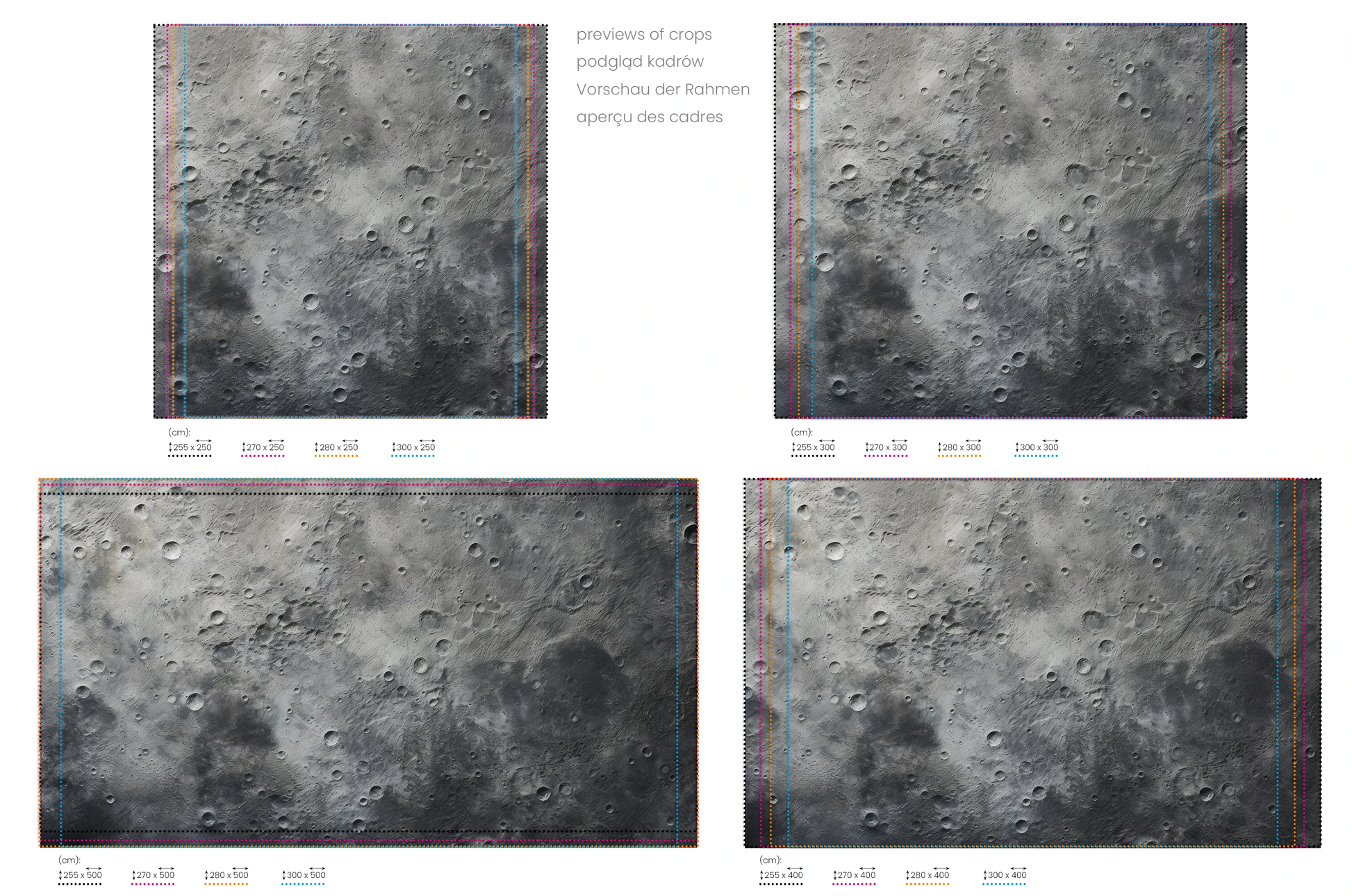 Na obrazie znajduje się prezentacja przykładowych rozmiarów fototapety o nazwie Mercury's Surface. Rozmiar fototapety jest dowolny.