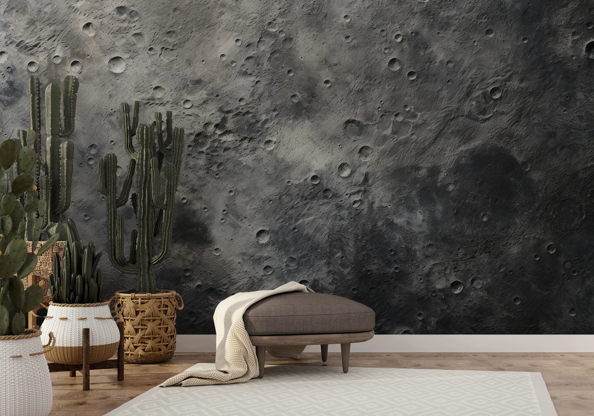Wzór fototapety artystycznej o nazwie Mercury's Surface pokazanej w aranżacji wnętrza.