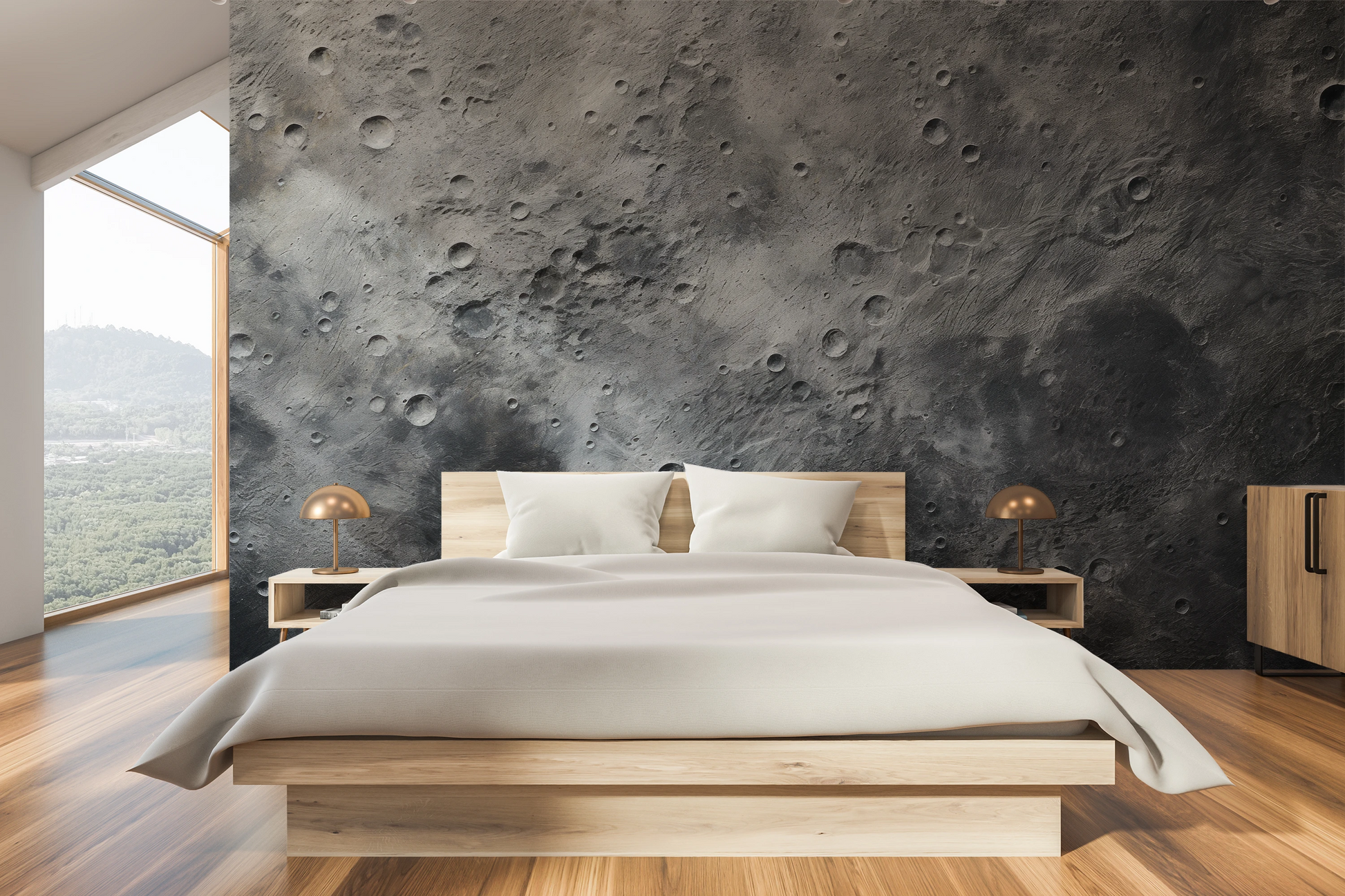 Wzór fototapety malowanej o nazwie Mercury's Surface pokazanej w aranżacji wnętrza.