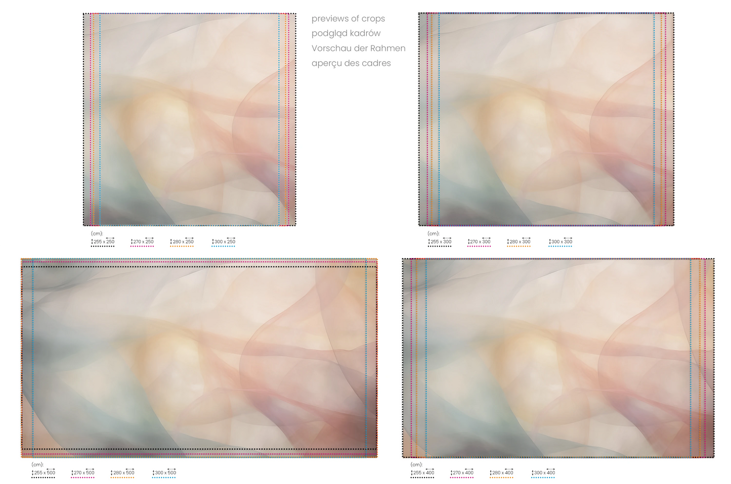 Na obrazie znajduje się prezentacja przykładowych rozmiarów fototapety o nazwie Harmonic Curves. Rozmiar fototapety jest dowolny.
