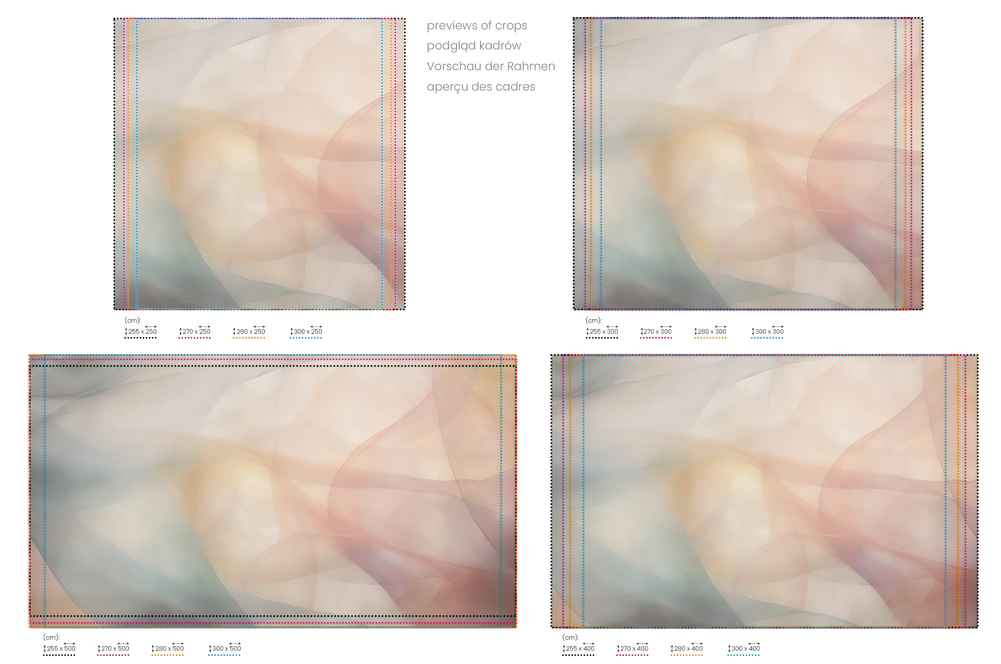 Na obrazie znajduje się prezentacja przykładowych rozmiarów fototapety o nazwie Harmonic Curves. Rozmiar fototapety jest dowolny.