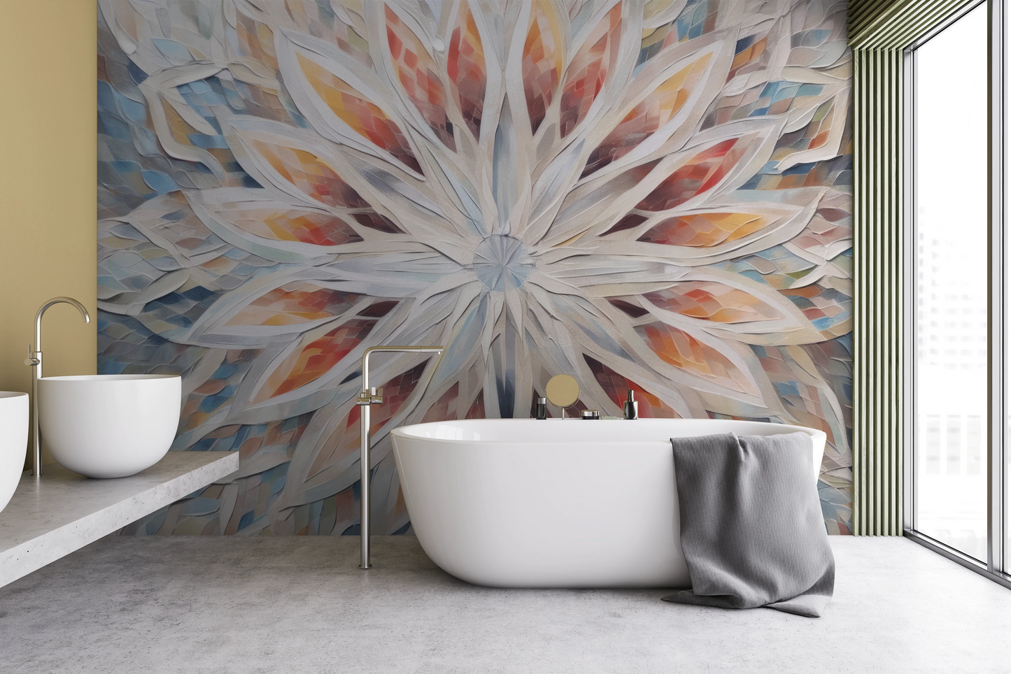 Wzór fototapety artystycznej o nazwie Ice Flower pokazanej w aranżacji wnętrza.