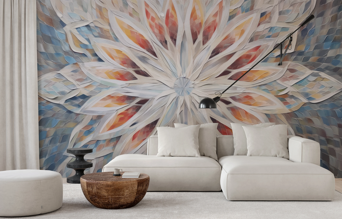 Wzór fototapety malowanej o nazwie Ice Flower pokazanej w aranżacji wnętrza.