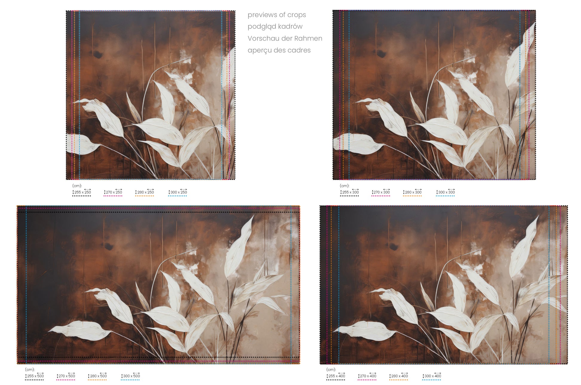 Na obrazie znajduje się prezentacja przykładowych rozmiarów fototapety o nazwie Elegant Stems. Rozmiar fototapety jest dowolny.