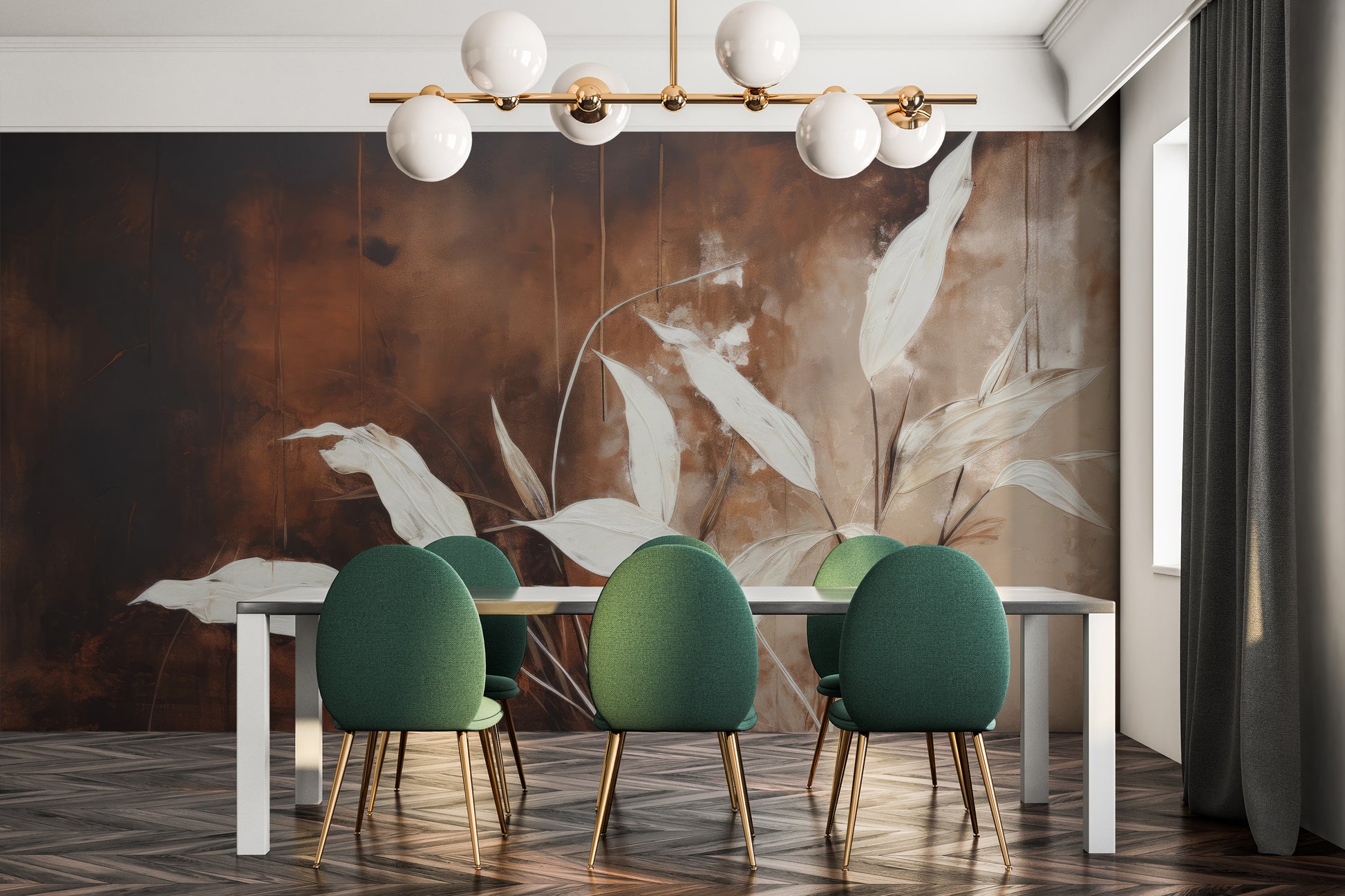 Wzór fototapety malowanej o nazwie Elegant Stems pokazanej w aranżacji wnętrza.