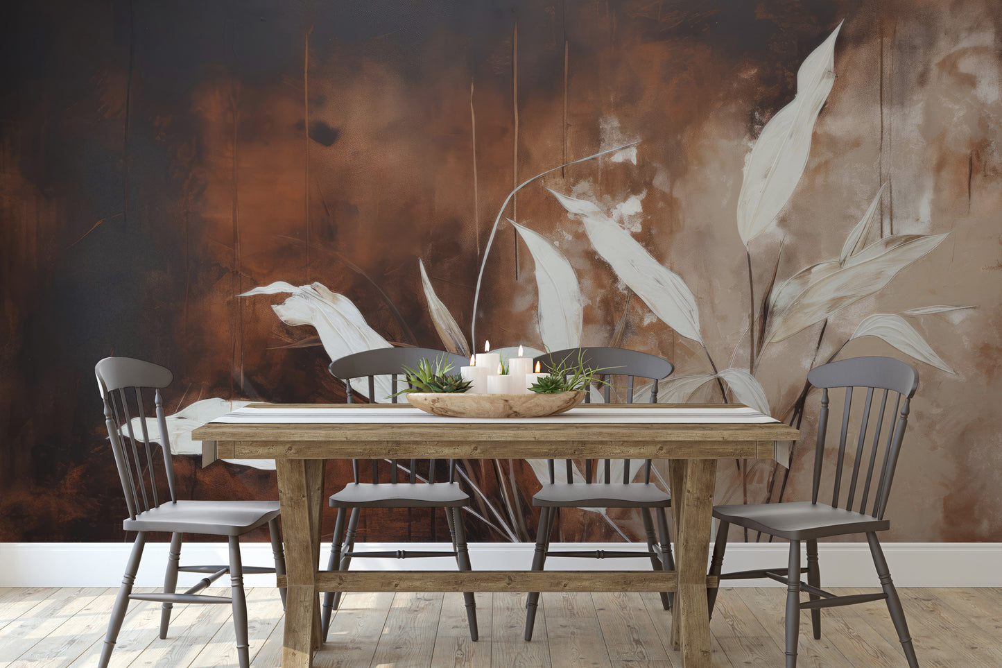 Wzór fototapety artystycznej o nazwie Elegant Stems pokazanej w aranżacji wnętrza.