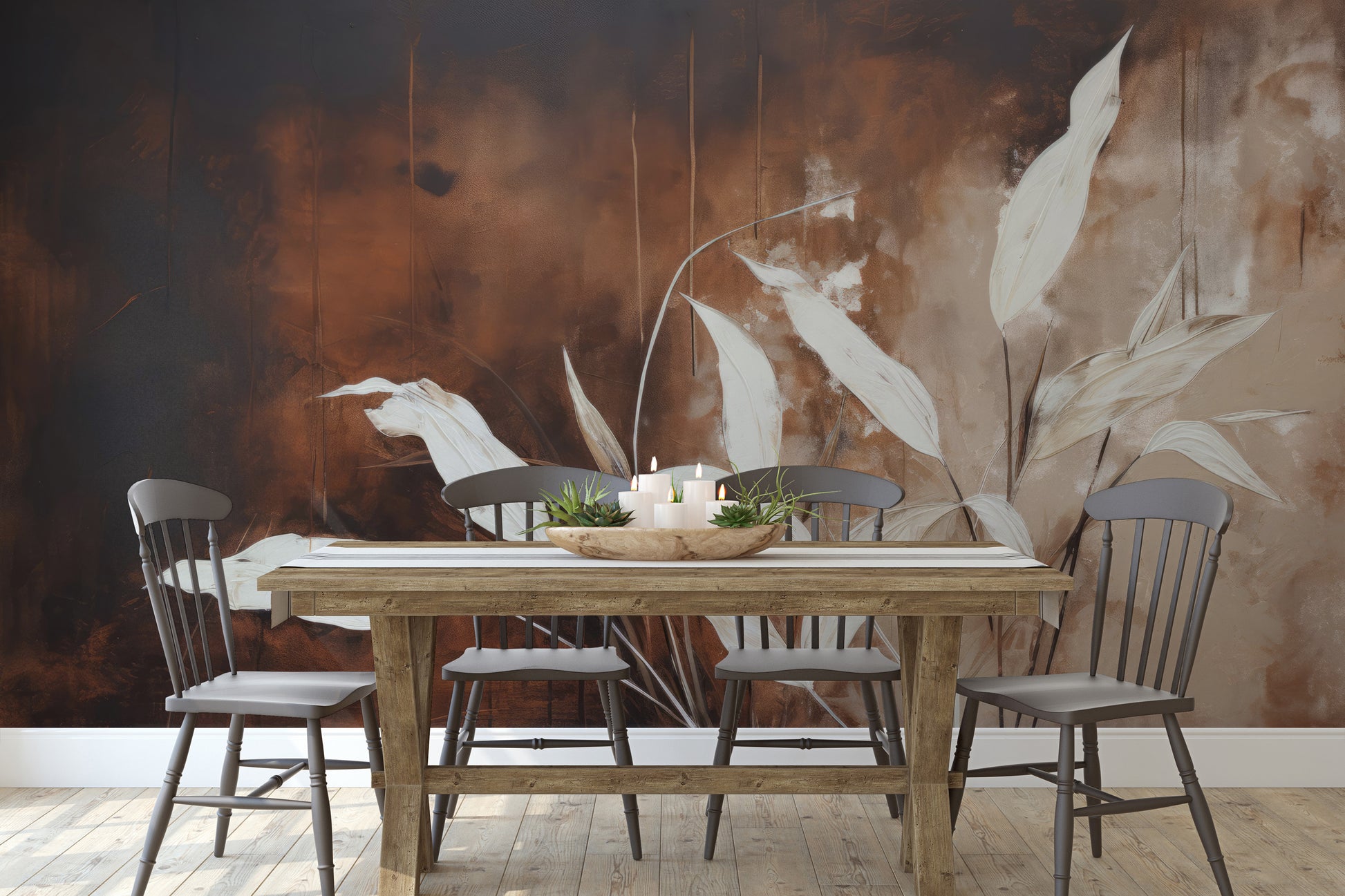 Wzór fototapety artystycznej o nazwie Elegant Stems pokazanej w aranżacji wnętrza.