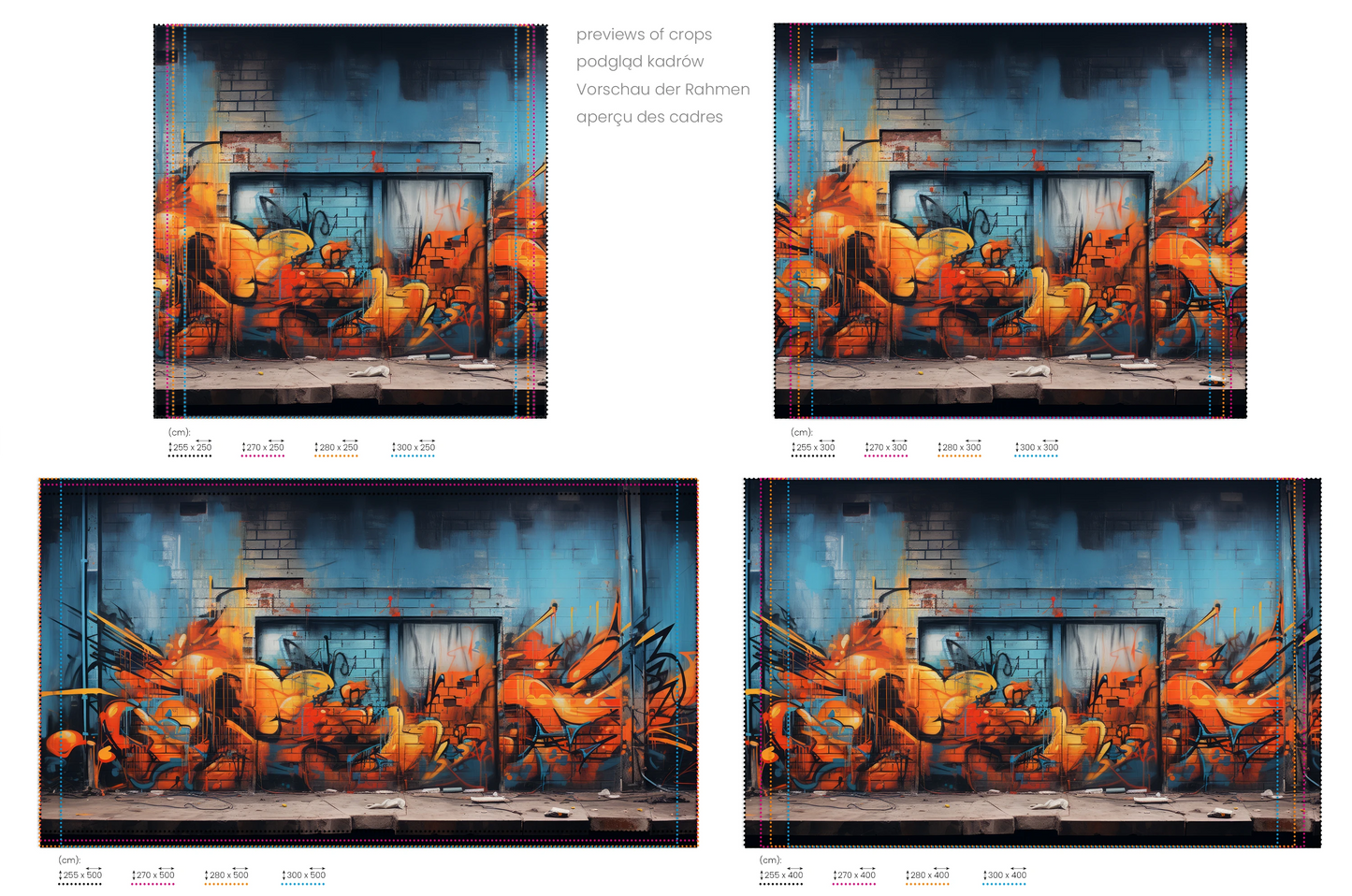 Na obrazie znajduje się prezentacja przykładowych rozmiarów fototapety o nazwie Fiery Escape. Rozmiar fototapety jest dowolny.