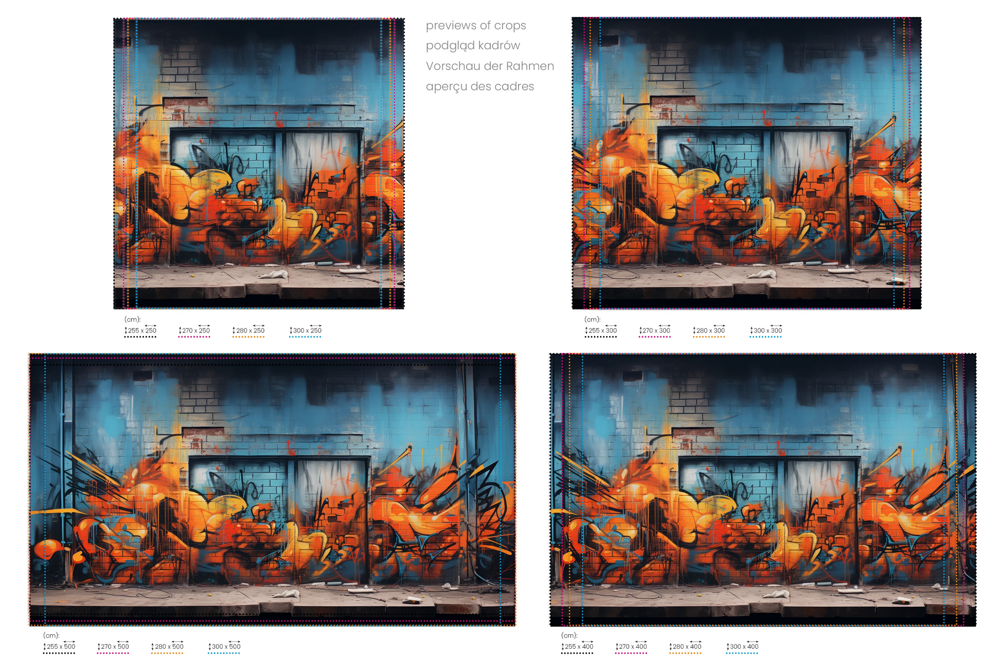 Na obrazie znajduje się prezentacja przykładowych rozmiarów fototapety o nazwie Fiery Escape. Rozmiar fototapety jest dowolny.