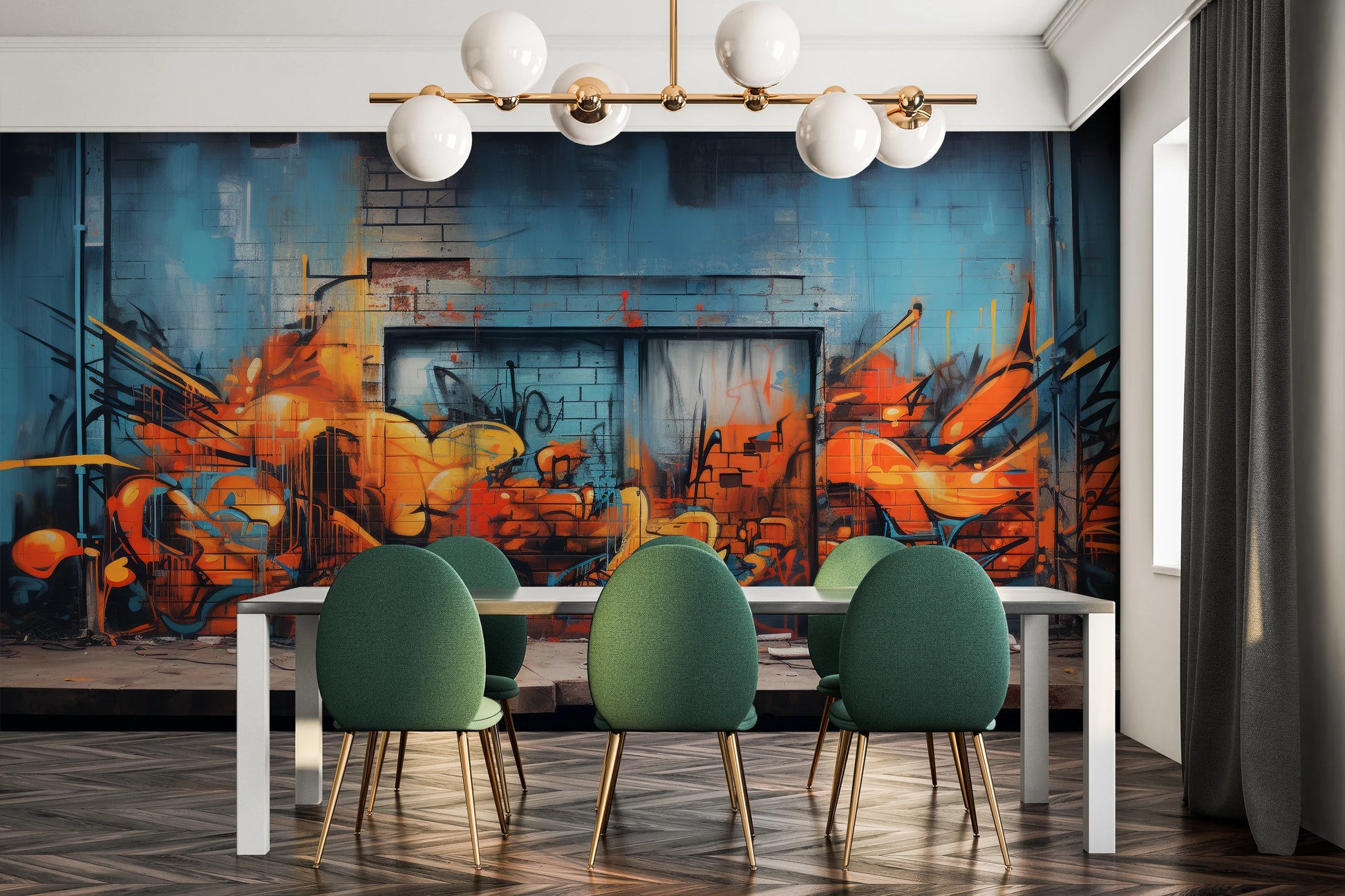 Zdjęcie prezentuje aranżację wnętrza z użyciem fototapety o nazwie Fiery Escape pokazanej w aranżacji wnętrza.