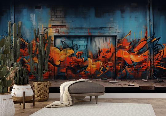 Wzór fototapety artystycznej o nazwie Fiery Escape pokazanej w aranżacji wnętrza.