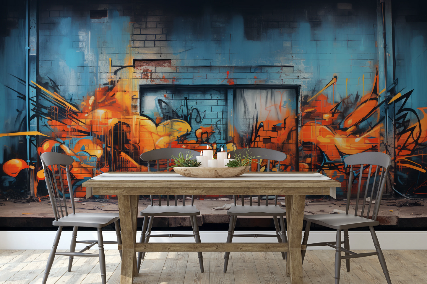Wzór fototapety artystycznej o nazwie Fiery Escape pokazanej w aranżacji wnętrza.