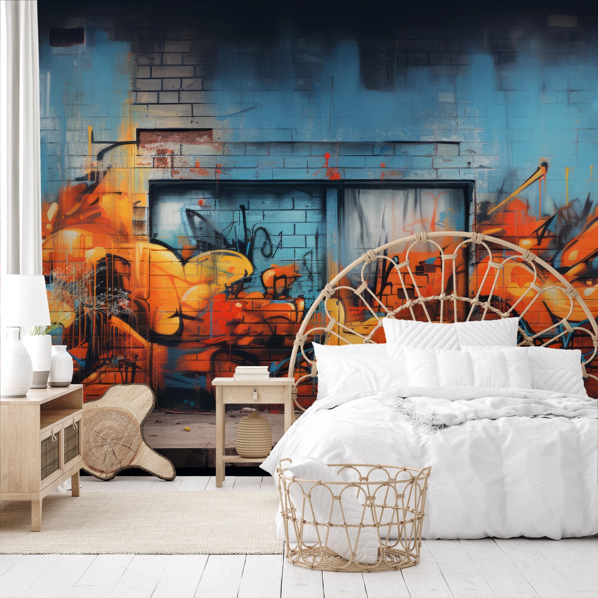 Wzór fototapety malowanej o nazwie Fiery Escape pokazanej w aranżacji wnętrza.