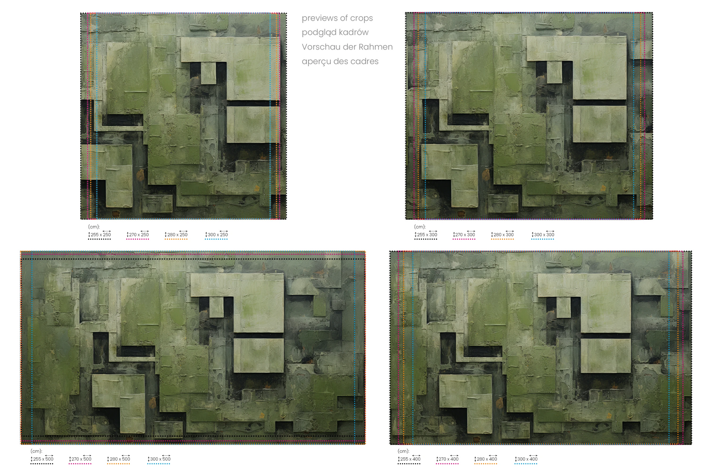 Na obrazie znajduje się prezentacja przykładowych rozmiarów fototapety o nazwie Green Geometry #2. Rozmiar fototapety jest dowolny.