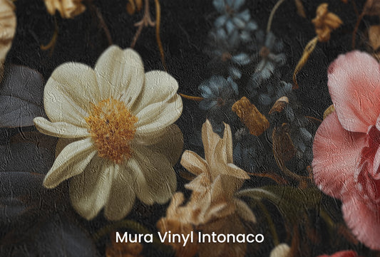 Zbliżenie na artystyczną fototapetę o nazwie Midnight Flora #2 na podłożu Mura Vinyl Intonaco - struktura tartego tynku.