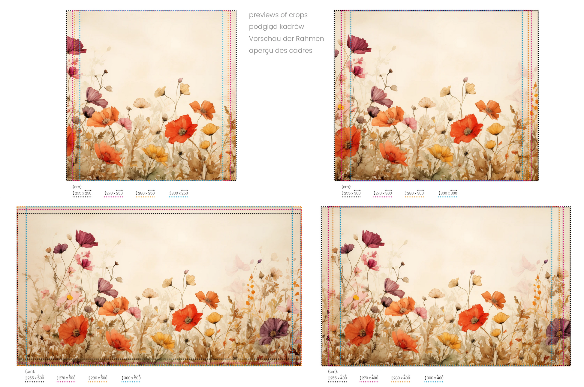 Na obrazie znajduje się prezentacja przykładowych rozmiarów fototapety o nazwie Field of Poppies #2. Rozmiar fototapety jest dowolny.