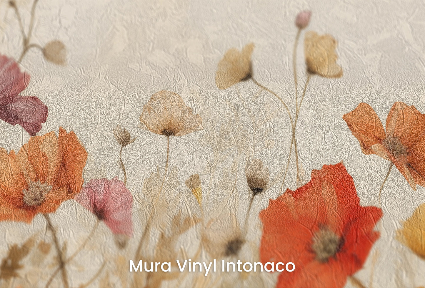Zbliżenie na artystyczną fototapetę o nazwie Field of Poppies #2 na podłożu Mura Vinyl Intonaco - struktura tartego tynku.