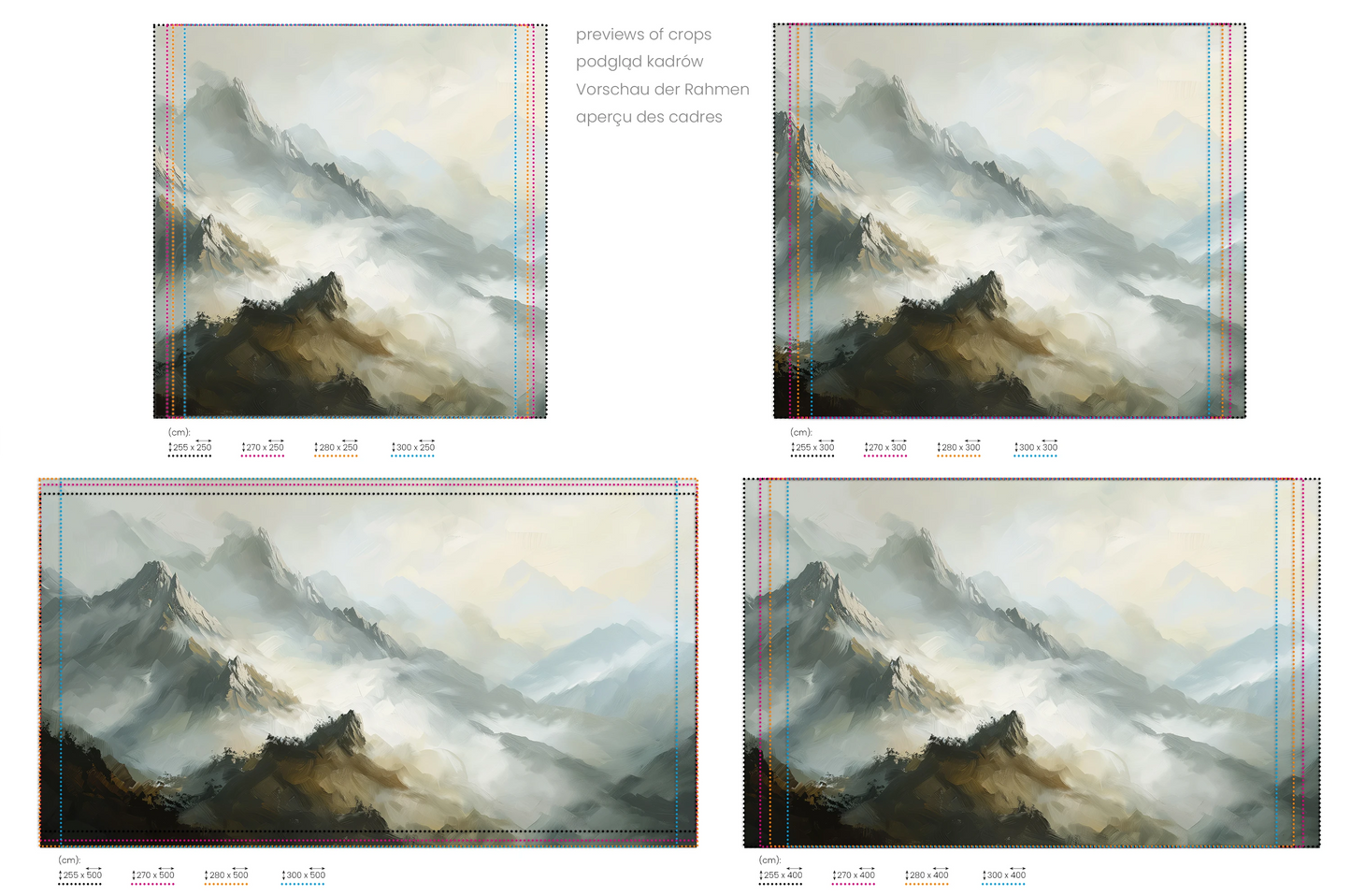 Na obrazie znajduje się prezentacja przykładowych rozmiarów fototapety o nazwie Golden Haze. Rozmiar fototapety jest dowolny.