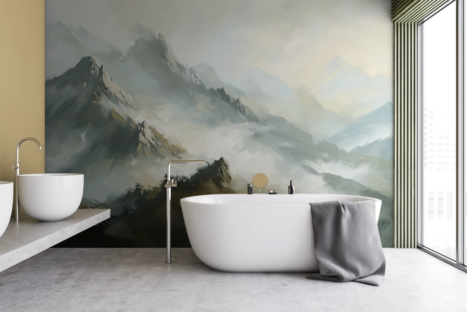 Wzór fototapety malowanej o nazwie Golden Haze pokazanej w aranżacji wnętrza.