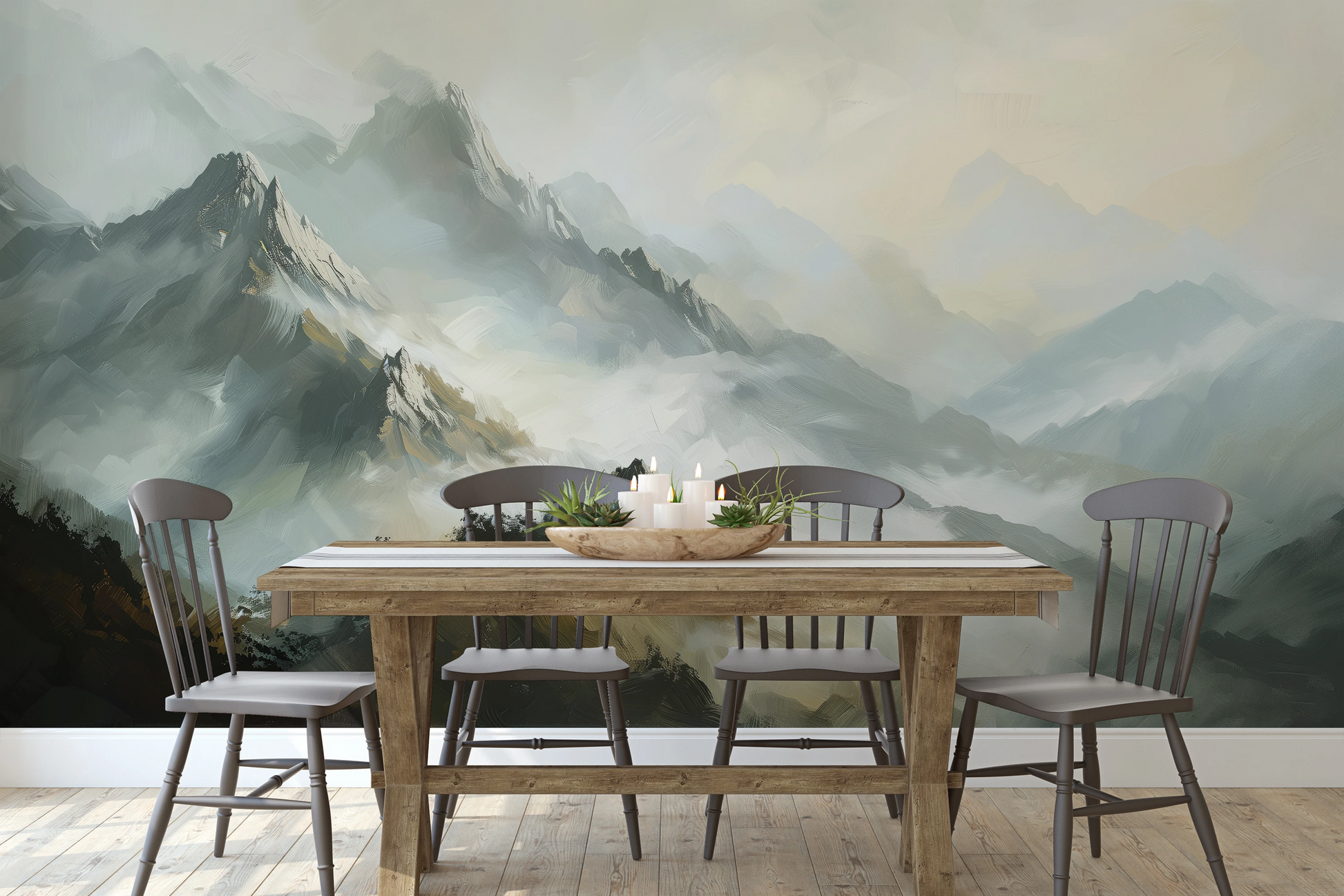 Zdjęcie prezentuje aranżację wnętrza z użyciem fototapety o nazwie Golden Haze pokazanej w aranżacji wnętrza.