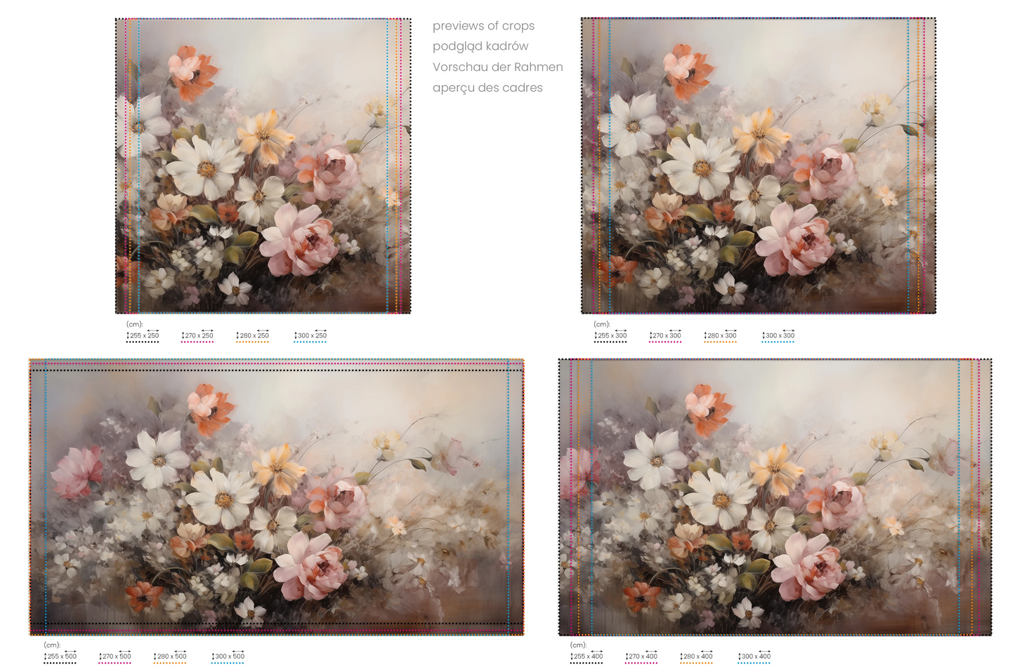 Na obrazie znajduje się prezentacja przykładowych rozmiarów fototapety o nazwie Ethereal Blossoms. Rozmiar fototapety jest dowolny.