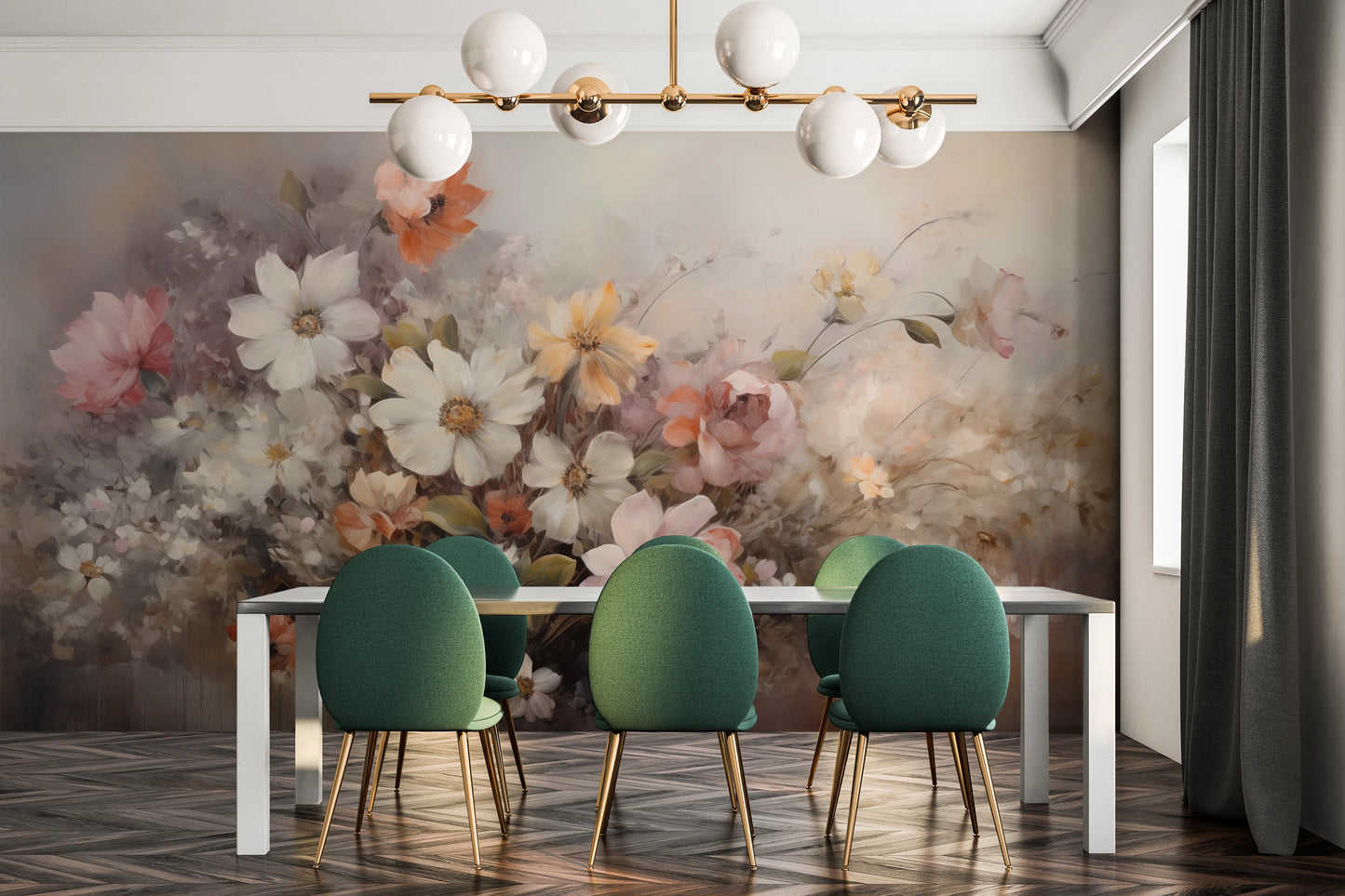 Wzór fototapety artystycznej o nazwie Ethereal Blossoms pokazanej w aranżacji wnętrza.