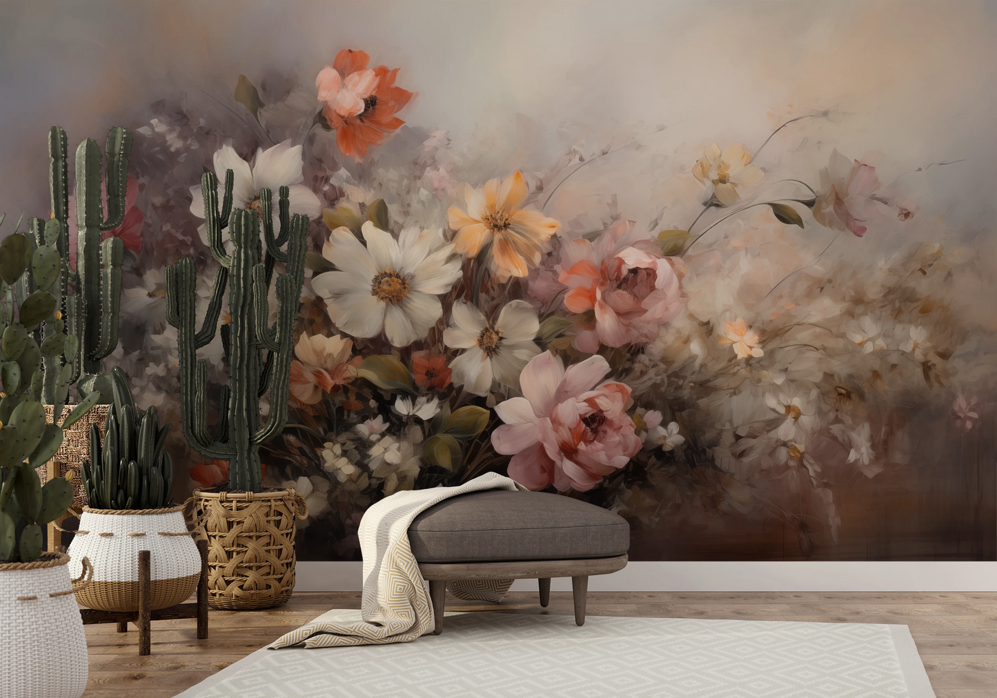 Fototapeta artystyczna o nazwie Ethereal Blossoms pokazana w aranżacji wnętrza.