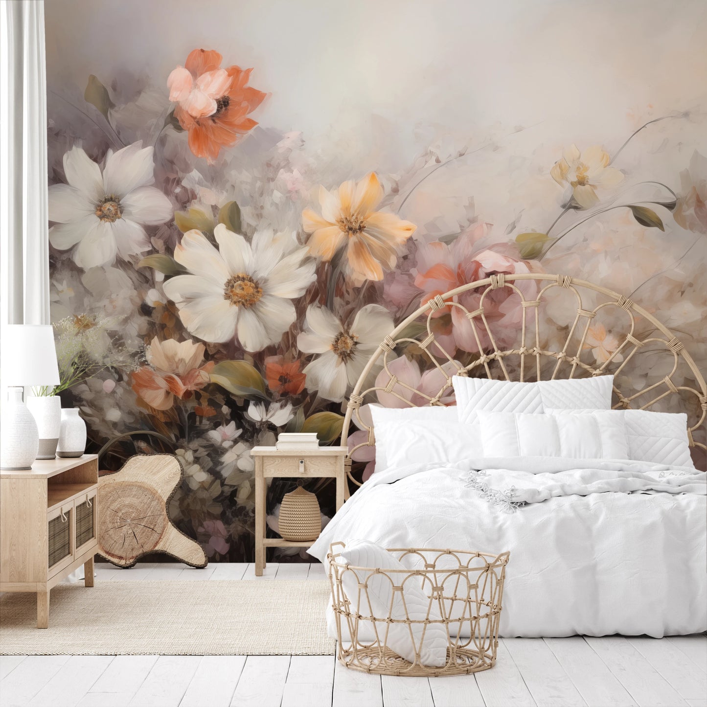 Wzór fototapety o nazwie Ethereal Blossoms pokazanej w kontekście pomieszczenia.