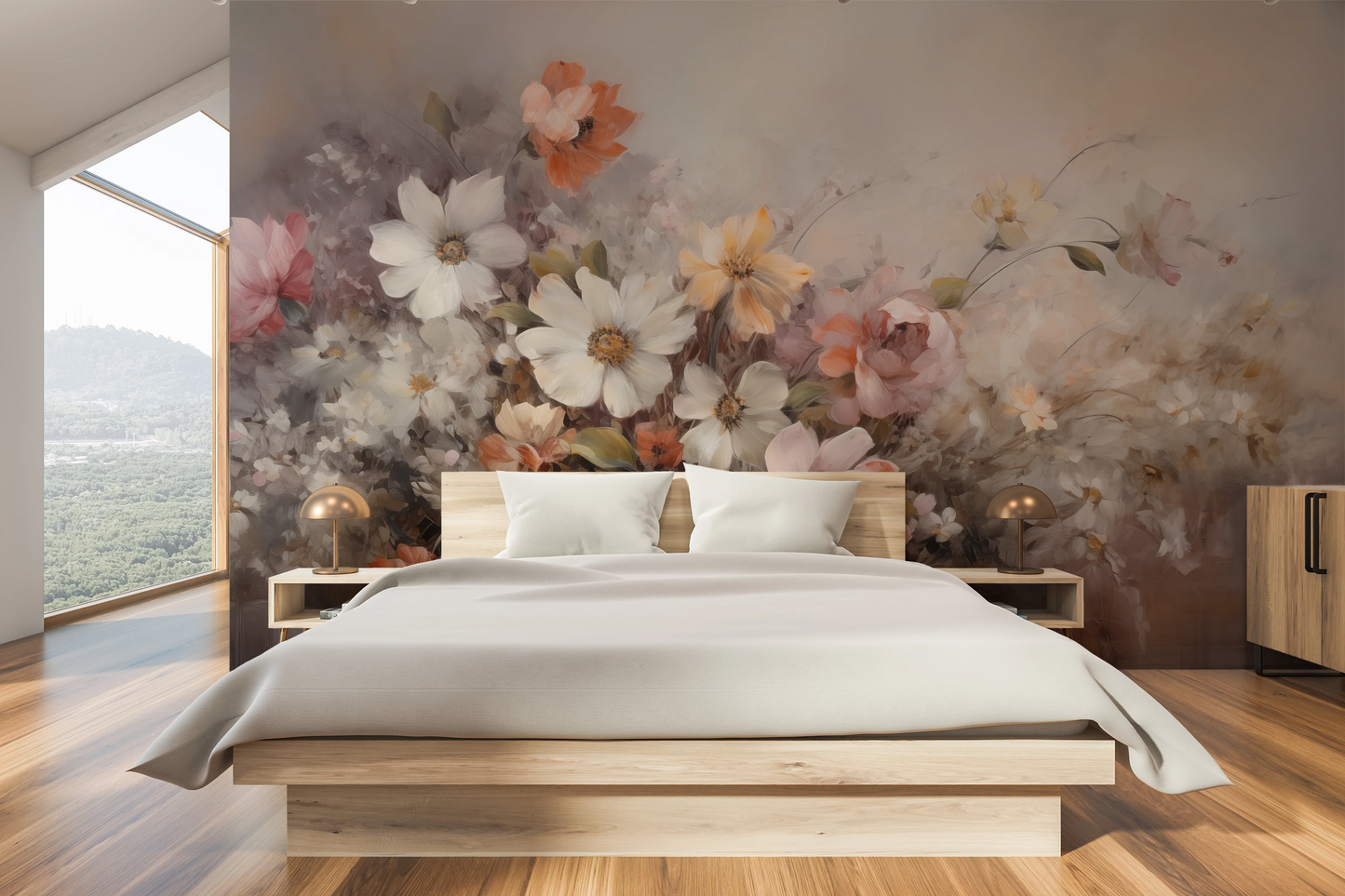Wzór fototapety malowanej o nazwie Ethereal Blossoms pokazanej w aranżacji wnętrza.
