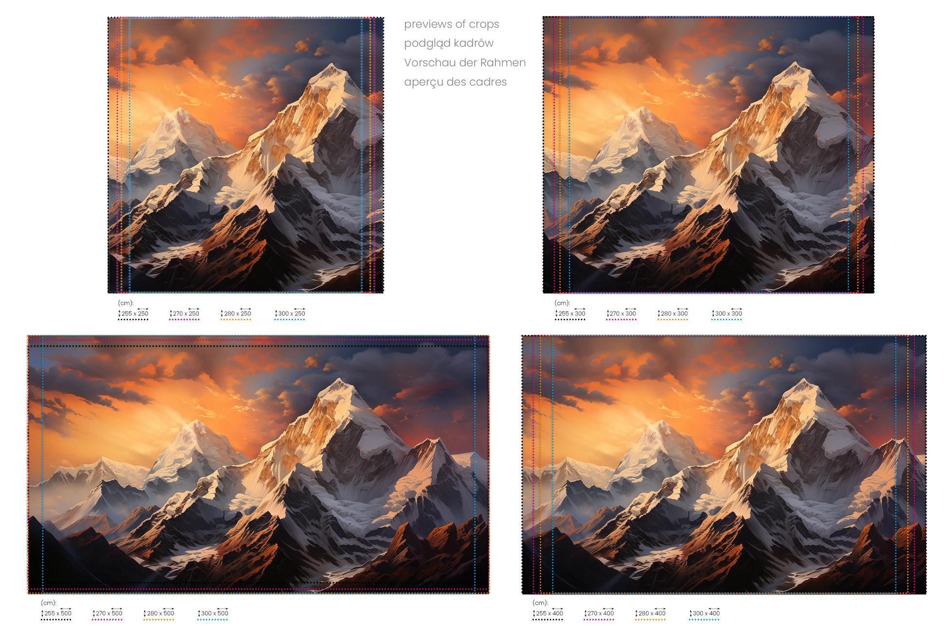 Na obrazie znajduje się prezentacja przykładowych rozmiarów fototapety o nazwie Dawn Alpenglow. Rozmiar fototapety jest dowolny.