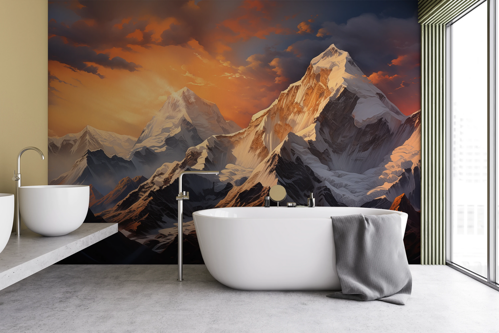 Wzór fototapety artystycznej o nazwie Dawn Alpenglow pokazanej w aranżacji wnętrza.