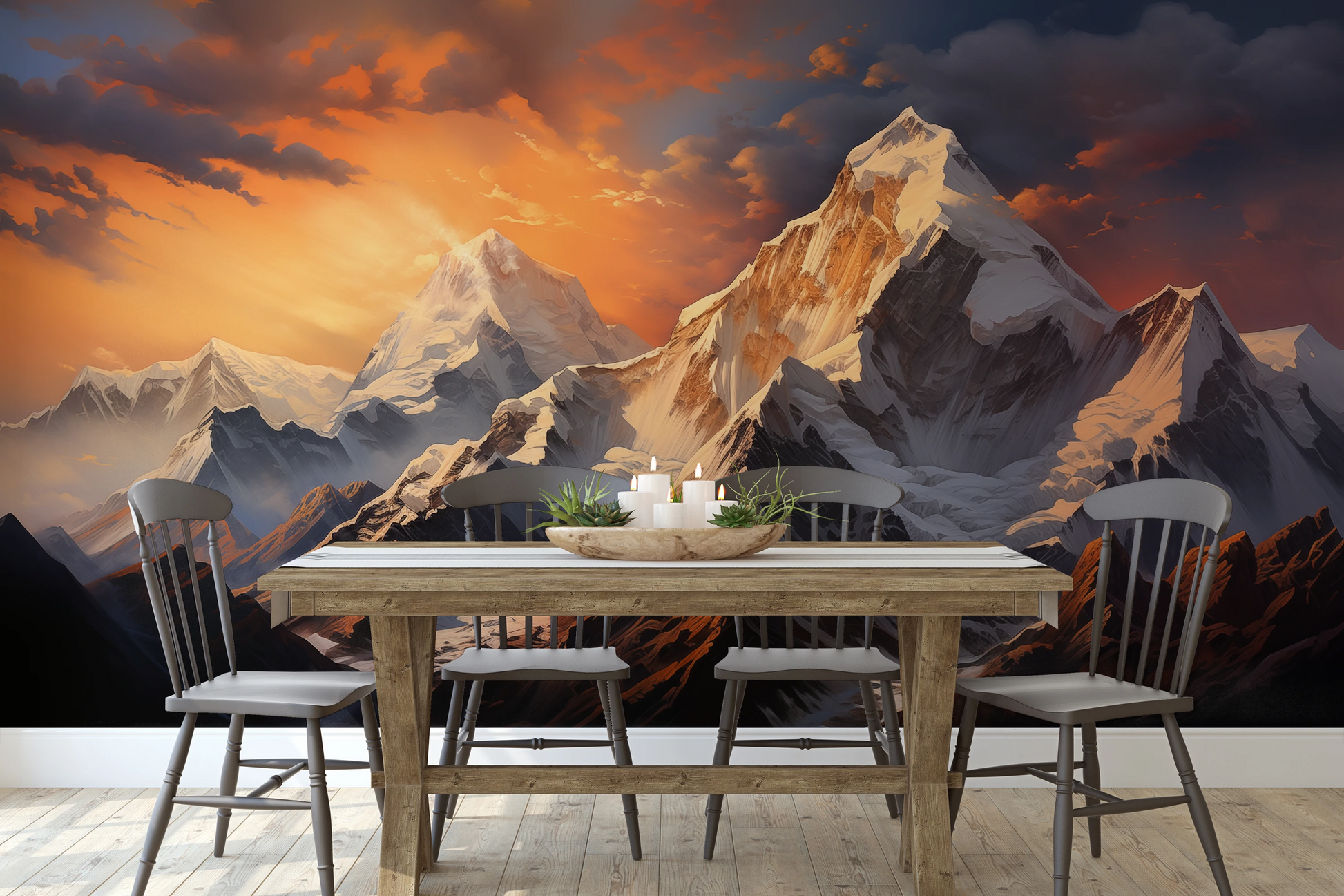 Wzór fototapety malowanej o nazwie Dawn Alpenglow pokazanej w aranżacji wnętrza.