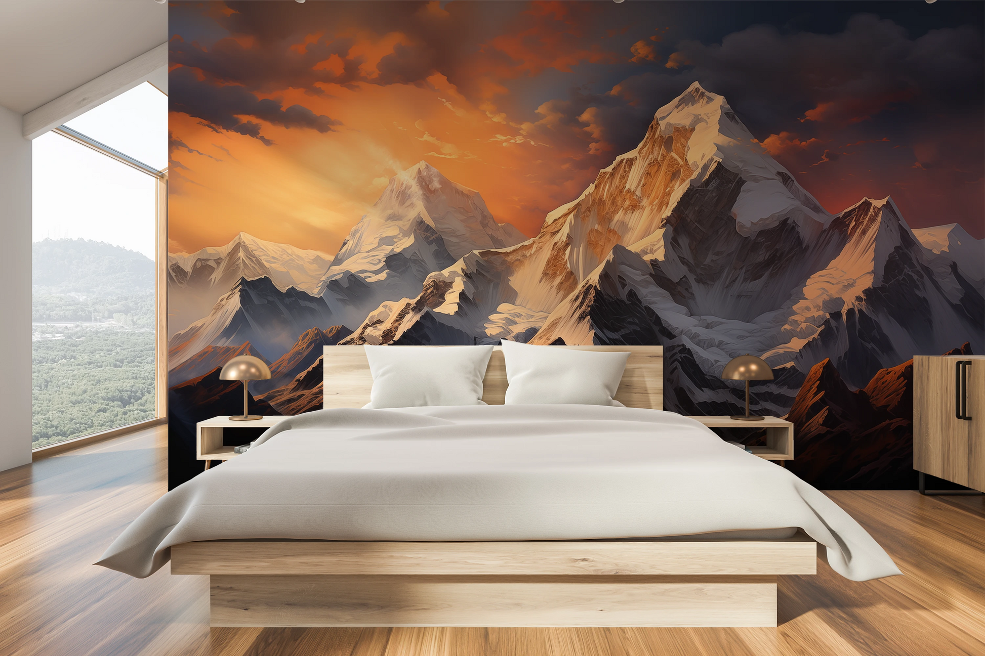 Zdjęcie prezentuje aranżację wnętrza z użyciem fototapety o nazwie Dawn Alpenglow pokazanej w aranżacji wnętrza.