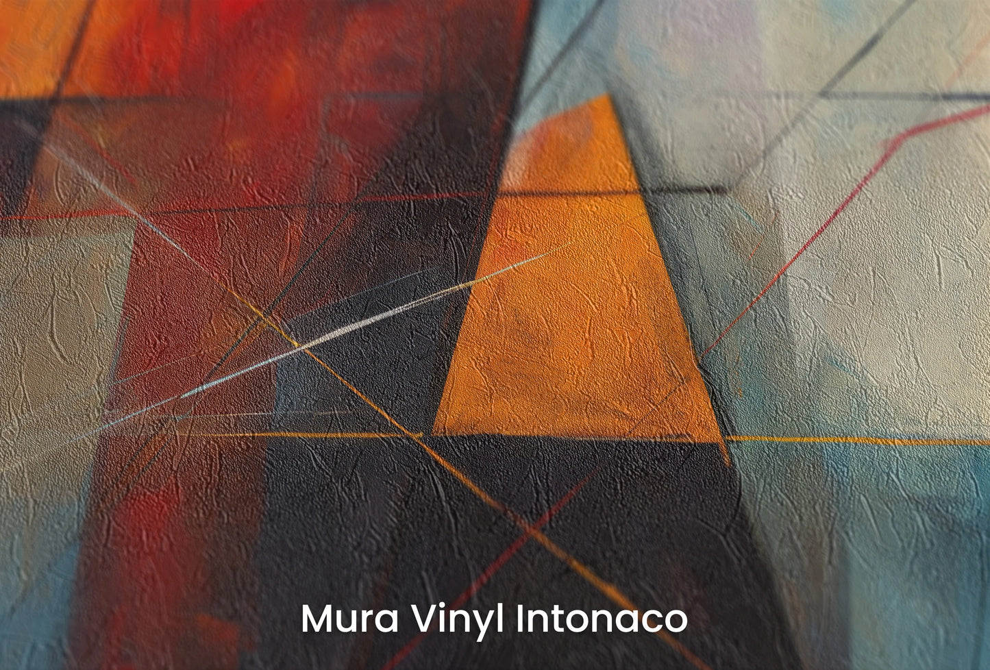 Zbliżenie na artystyczną fototapetę o nazwie Geometric Warmth na podłożu Mura Vinyl Intonaco - struktura tartego tynku.