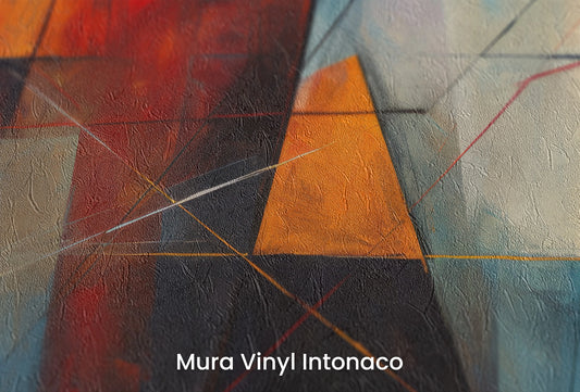 Zbliżenie na artystyczną fototapetę o nazwie Geometric Warmth na podłożu Mura Vinyl Intonaco - struktura tartego tynku.