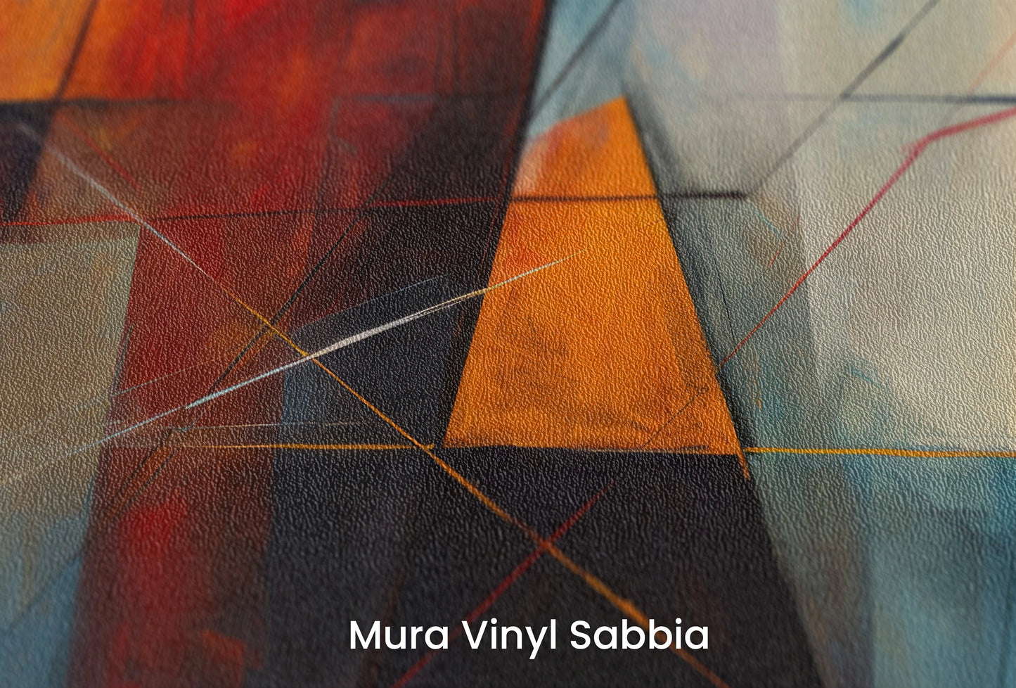 Zbliżenie na artystyczną fototapetę o nazwie Geometric Warmth na podłożu Mura Vinyl Sabbia struktura grubego ziarna piasku.
