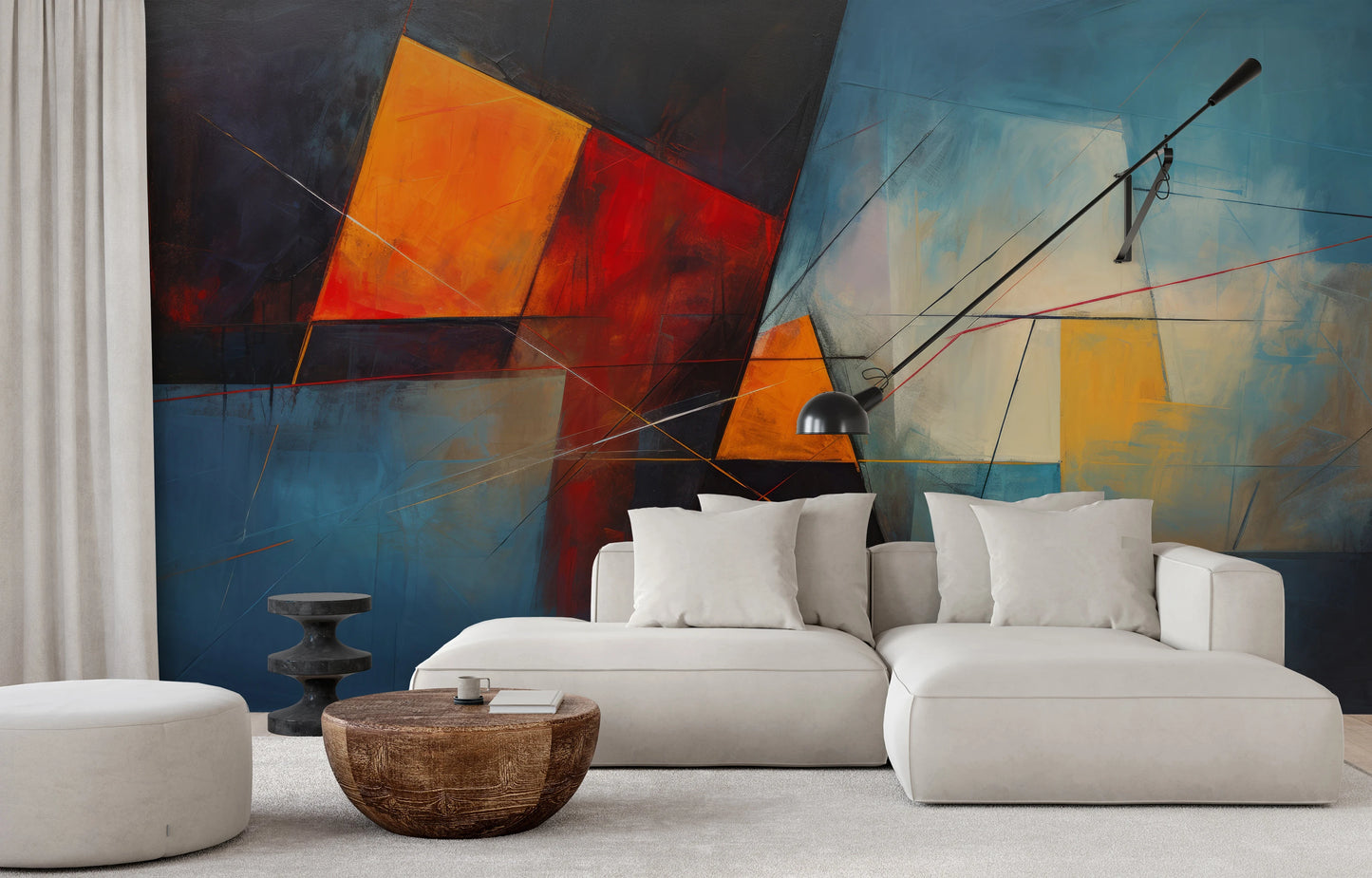 Fototapeta artystyczna o nazwie Geometric Warmth pokazana w aranżacji wnętrza.
