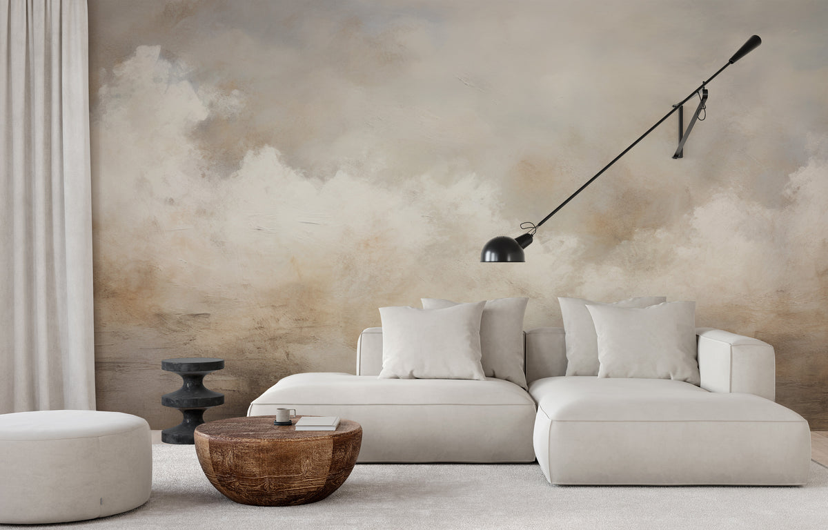 ETHEREAL CLOUDSCAPE SERENITY - minimalistyczna tapeta abstrakcyjna z betonem i delikatną mgłą