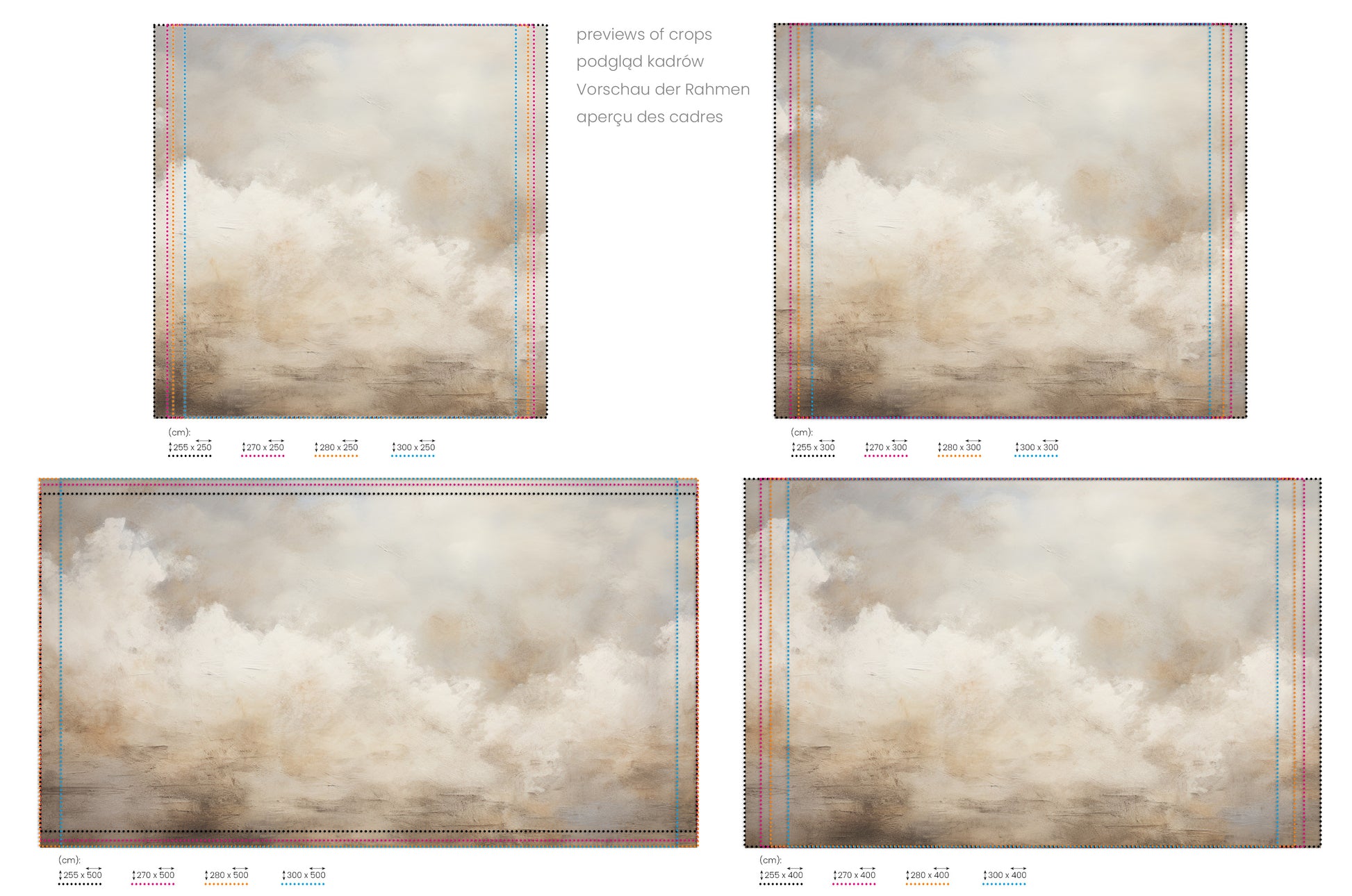 Na obrazie znajduje się prezentacja przykładowych rozmiarów fototapety o nazwie ETHEREAL CLOUDSCAPE SERENITY. Rozmiar fototapety jest dowolny.