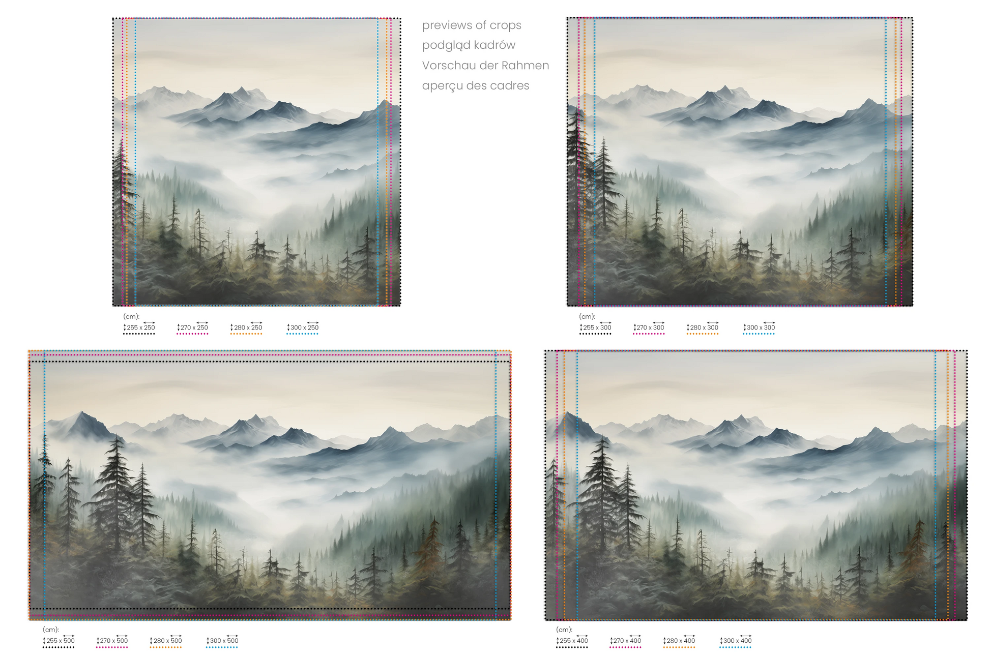 Na obrazie znajduje się prezentacja przykładowych rozmiarów fototapety o nazwie Serene Pines. Rozmiar fototapety jest dowolny.