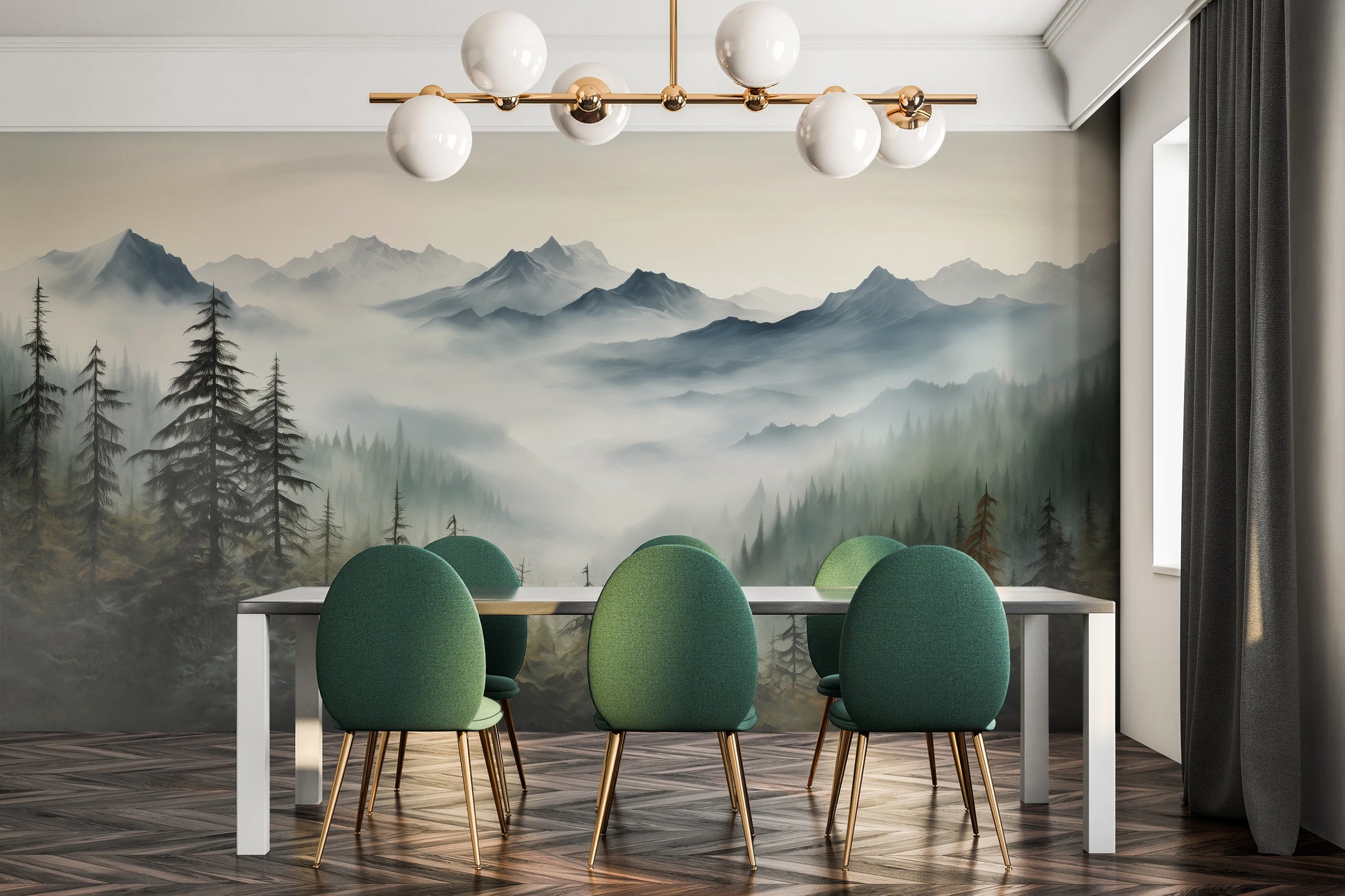 Wzór fototapety o nazwie Serene Pines pokazanej w kontekście pomieszczenia.