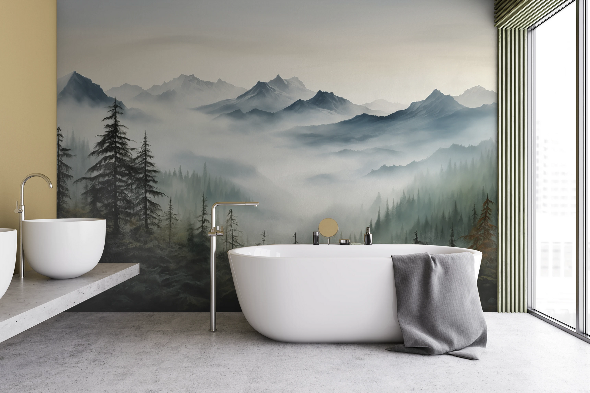 Wzór fototapety artystycznej o nazwie Serene Pines pokazanej w aranżacji wnętrza.