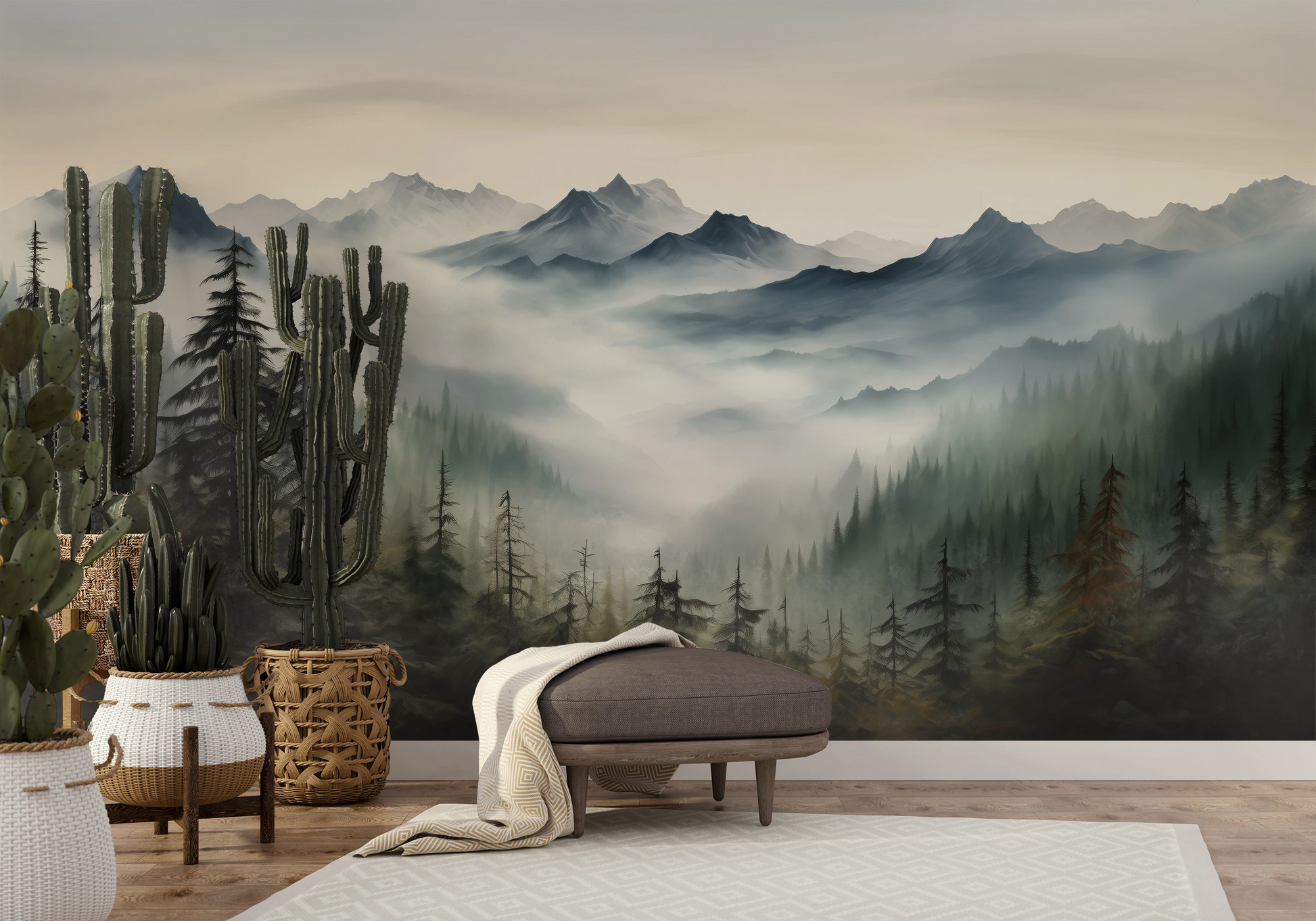 Fototapeta artystyczna o nazwie Serene Pines pokazana w aranżacji wnętrza.