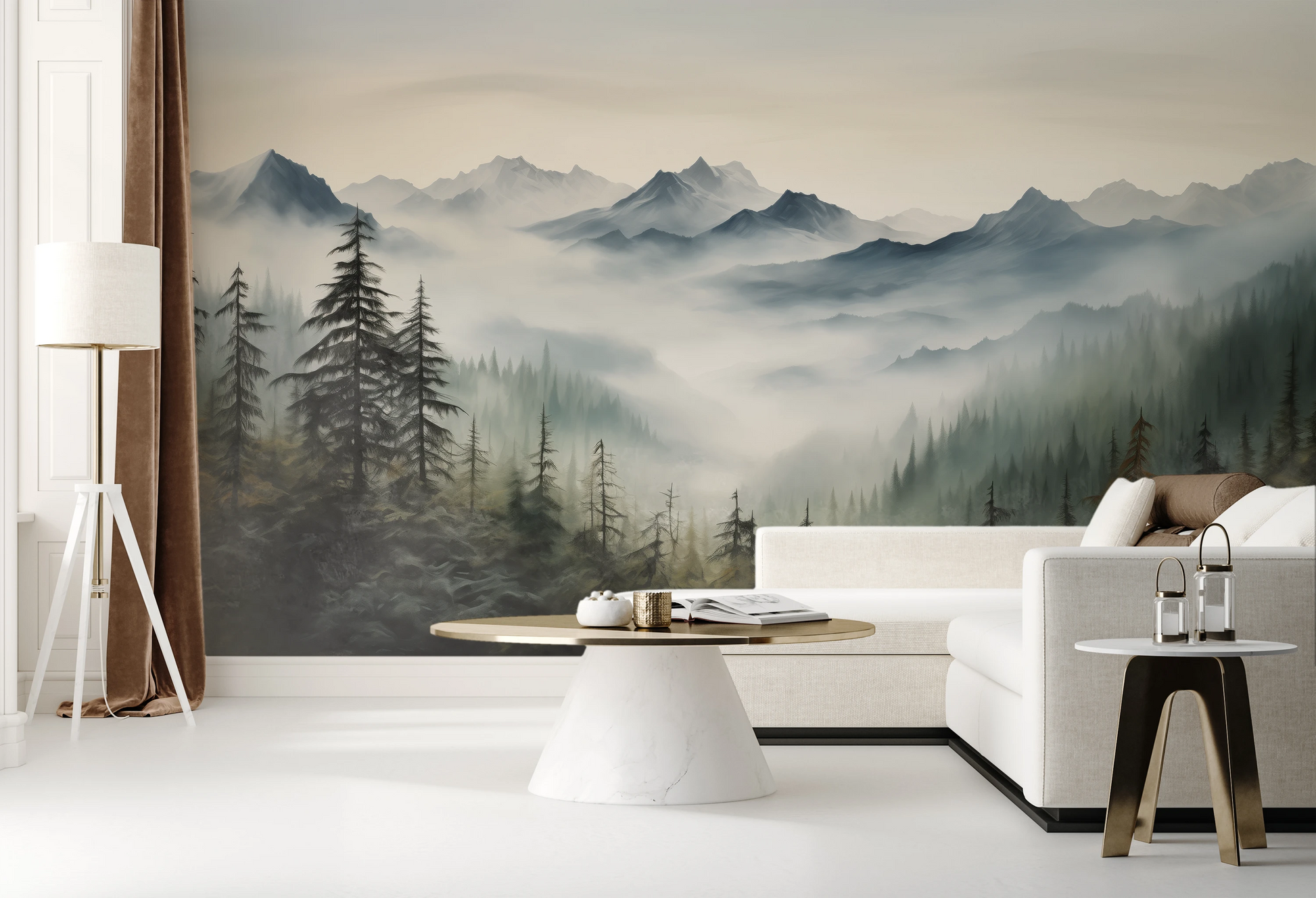 Wzór fototapety artystycznej o nazwie Serene Pines pokazanej w aranżacji wnętrza.