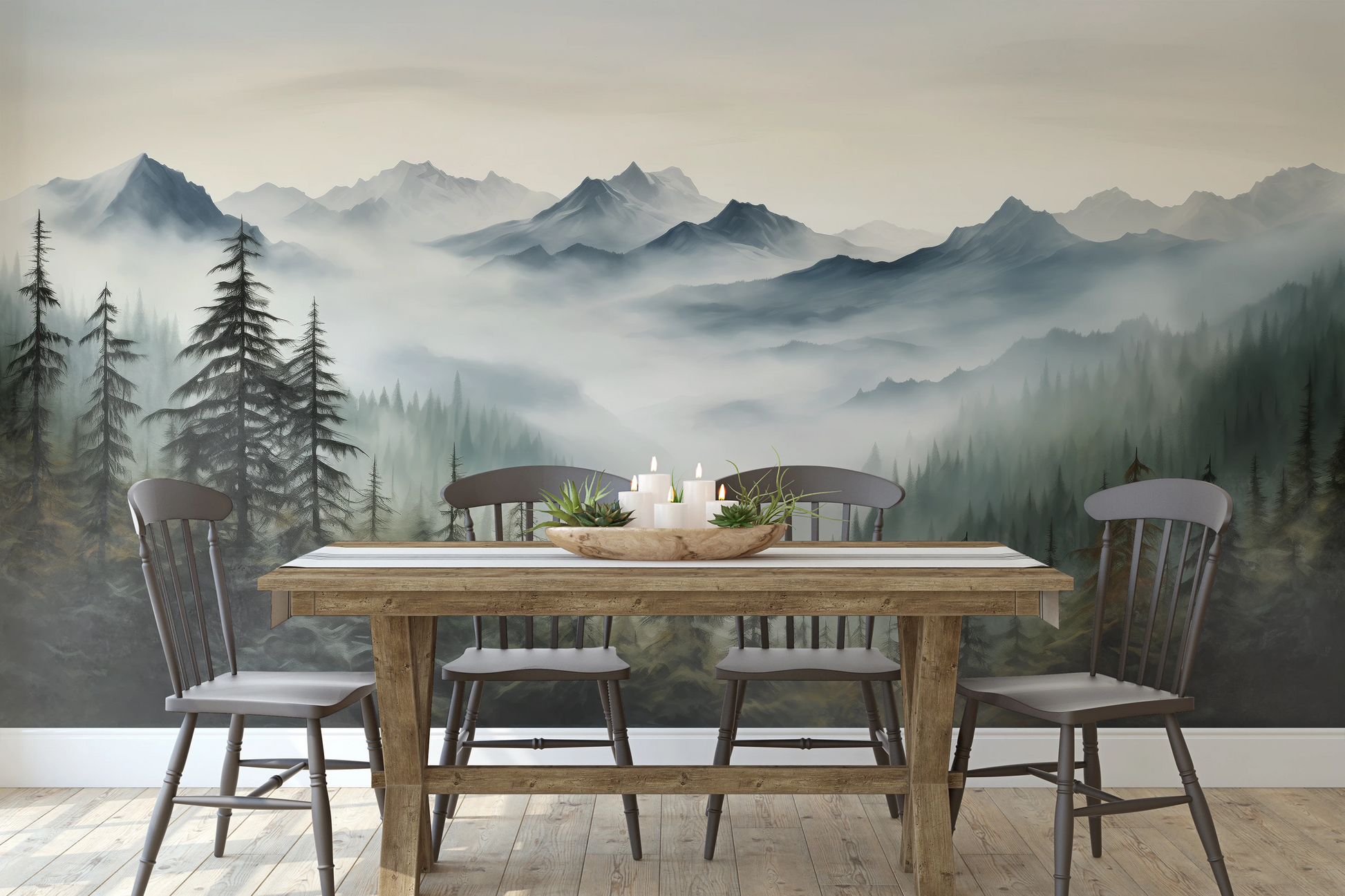 Wzór fototapety malowanej o nazwie Serene Pines pokazanej w aranżacji wnętrza.