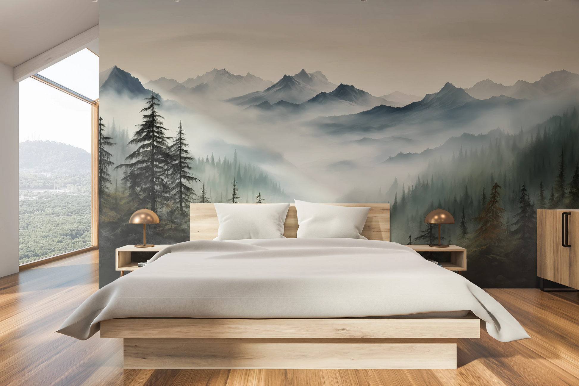 Zdjęcie prezentuje aranżację wnętrza z użyciem fototapety o nazwie Serene Pines pokazanej w aranżacji wnętrza.