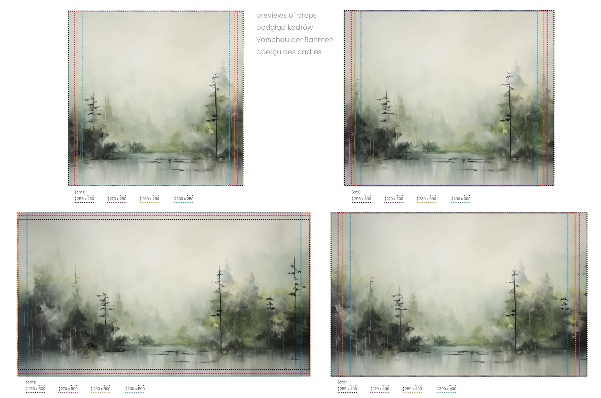 Na obrazie znajduje się prezentacja przykładowych rozmiarów fototapety o nazwie Mglisty Las. Rozmiar fototapety jest dowolny.