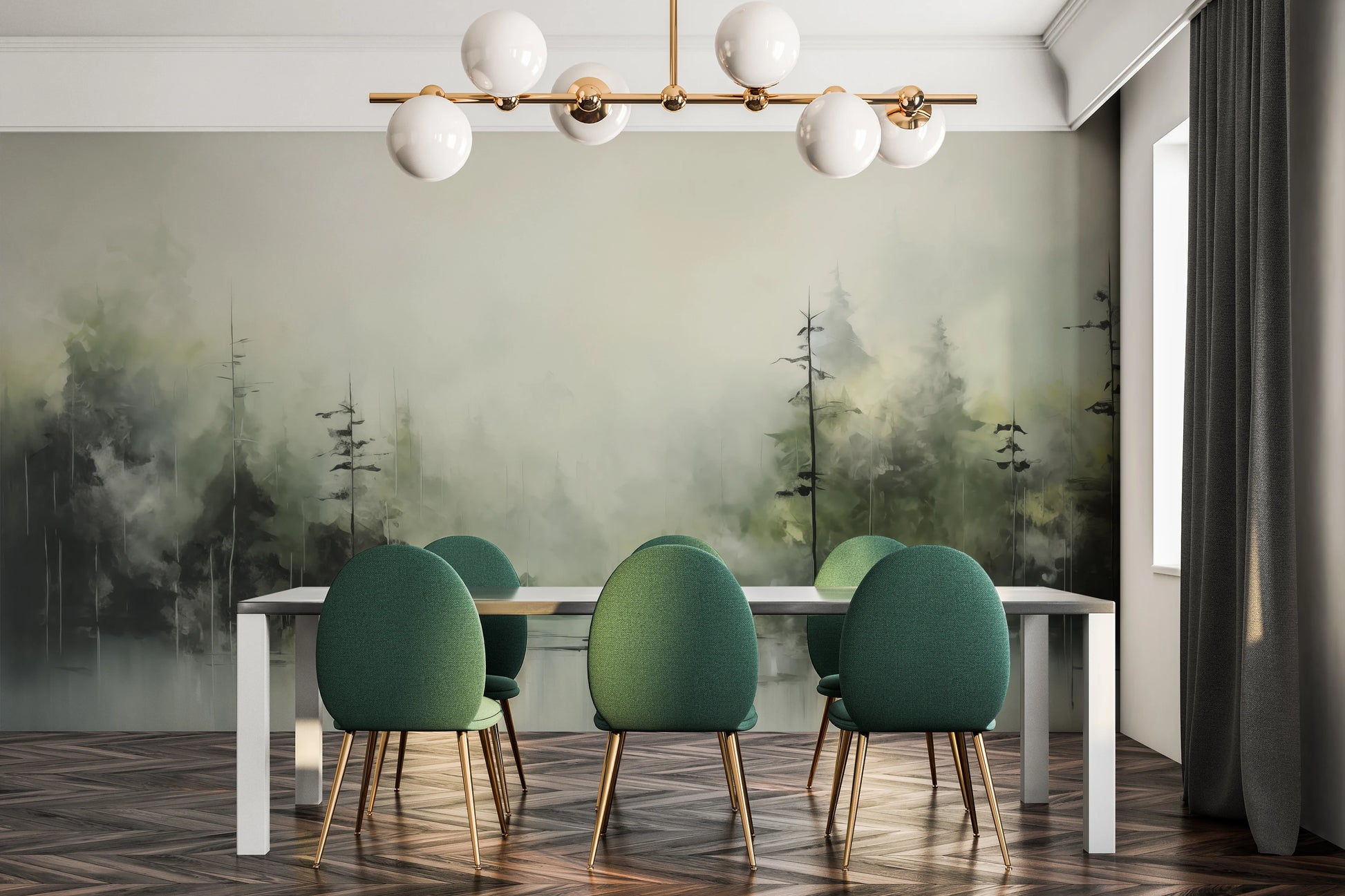 Wzór fototapety artystycznej o nazwie Mglisty Las pokazanej w aranżacji wnętrza.